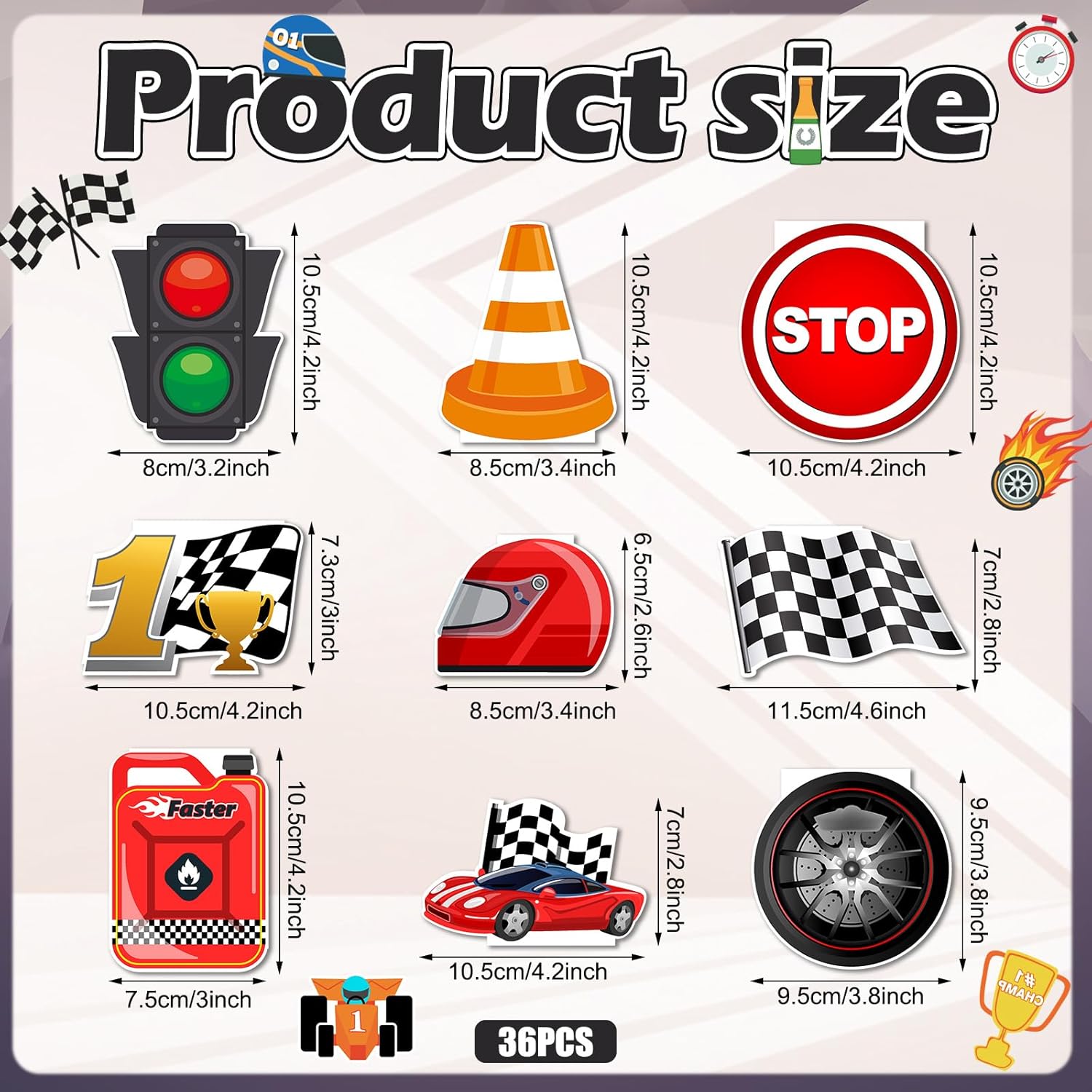 36 blocs de notas de autos de carreras para niños, tanque de combustible, bandera, semáforo, casco de carreras, trofeo, parada para cumpleaños de