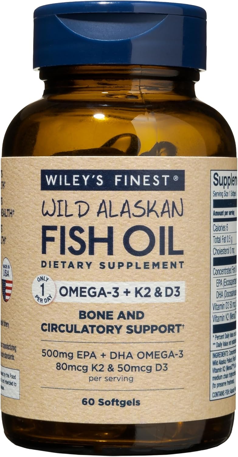 Wiley’s Finest Wild Alaskan Fish Oil Vitamina K2 Softgels – 500 mg de Omega-3 EPA y DHA para apoyo a la salud ósea y cardíaca – 60 cápsulas blandas