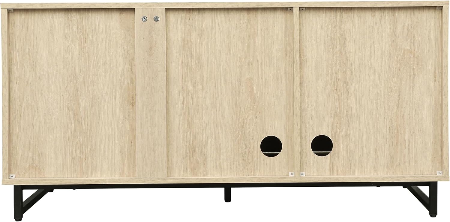 ZeHuoGe Aparador de buffet con 3 puertas decoradas de ratán, gabinete de buffet, armario de ratán con patas de metal para sala de estar, pasillo,