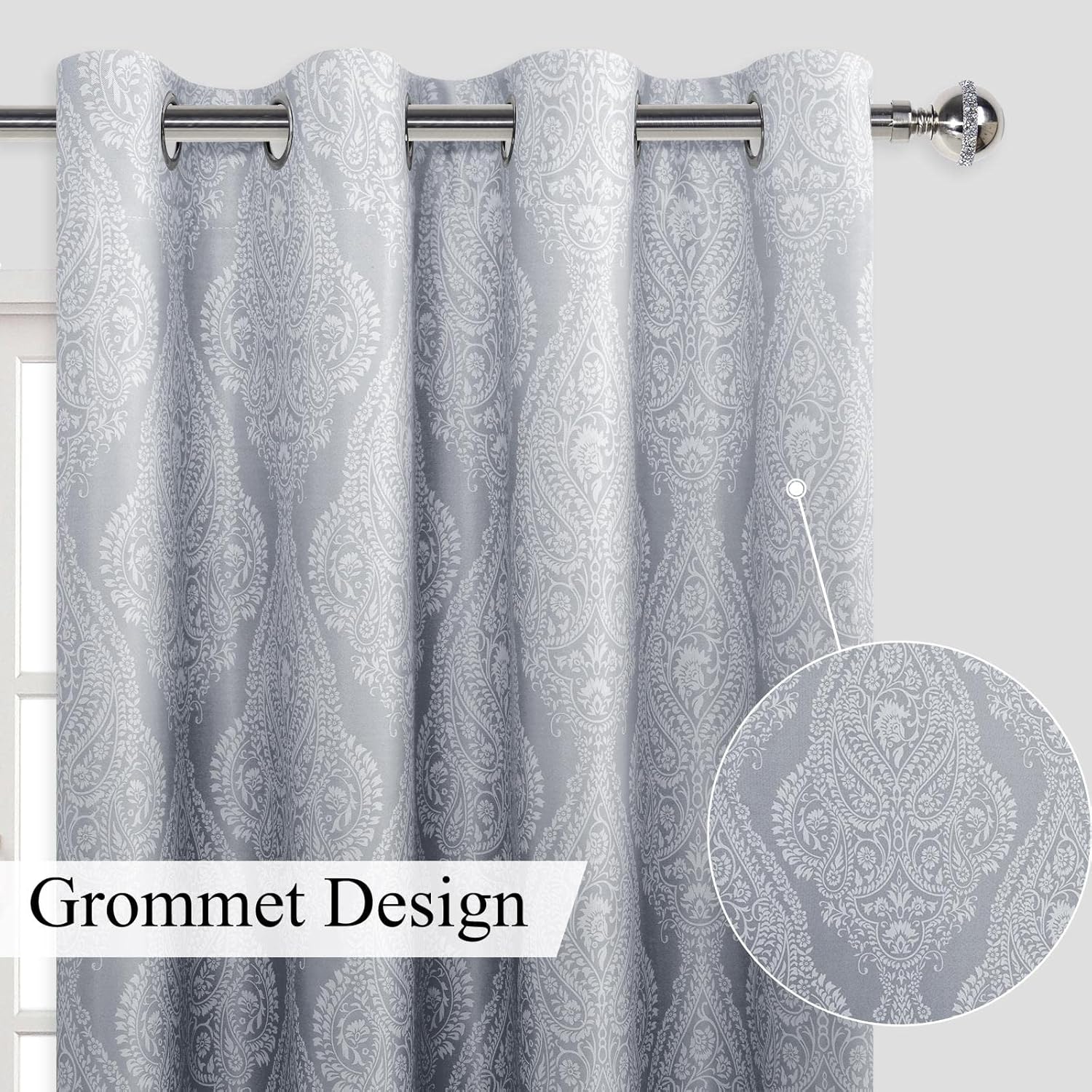 JIUZHEN Cortinas opacas grises degradadas para dormitorio, estampado de damasco, aislamiento térmico, reducción de ruido, cortinas con ojales y