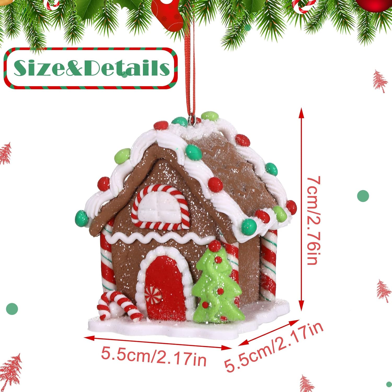 Adornos de casa de jengibre para árbol de Navidad, juego de adornos navideños de pan de jengibre con cuerda, decoración de casa de jengibre, adornos