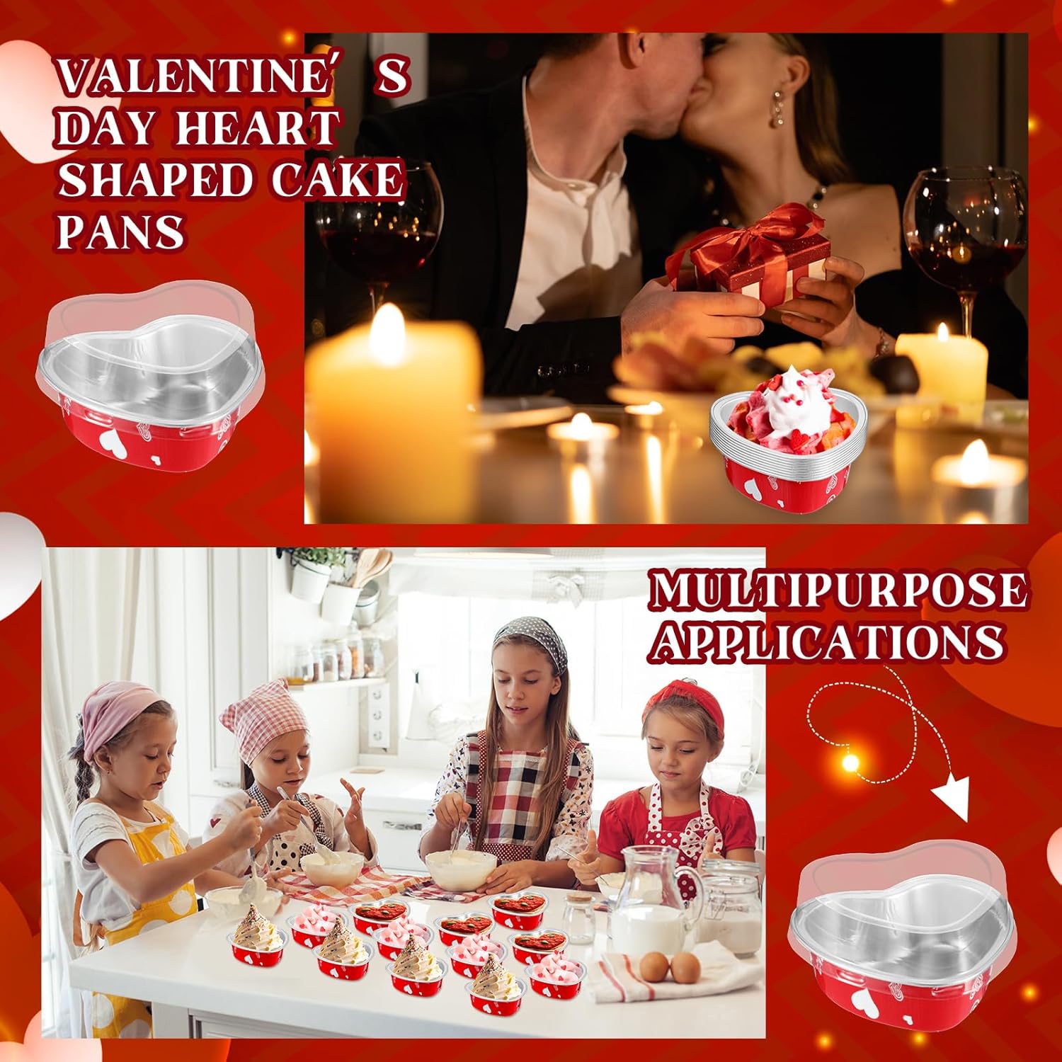 Juego de 100 moldes de papel de aluminio en forma de corazón, mini tazas para cupcakes con tapas, molde para flan, desechables, para Navidad,