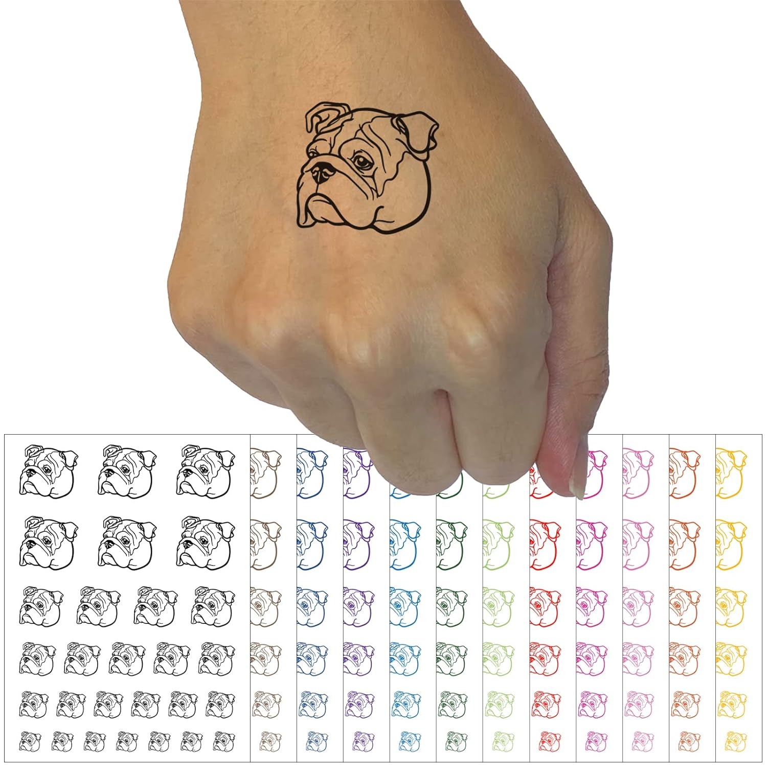 Tatuaje temporal con cabeza de bulldog inglés, resistente al agua, colección de arte corporal falso, color negro (una hoja)
