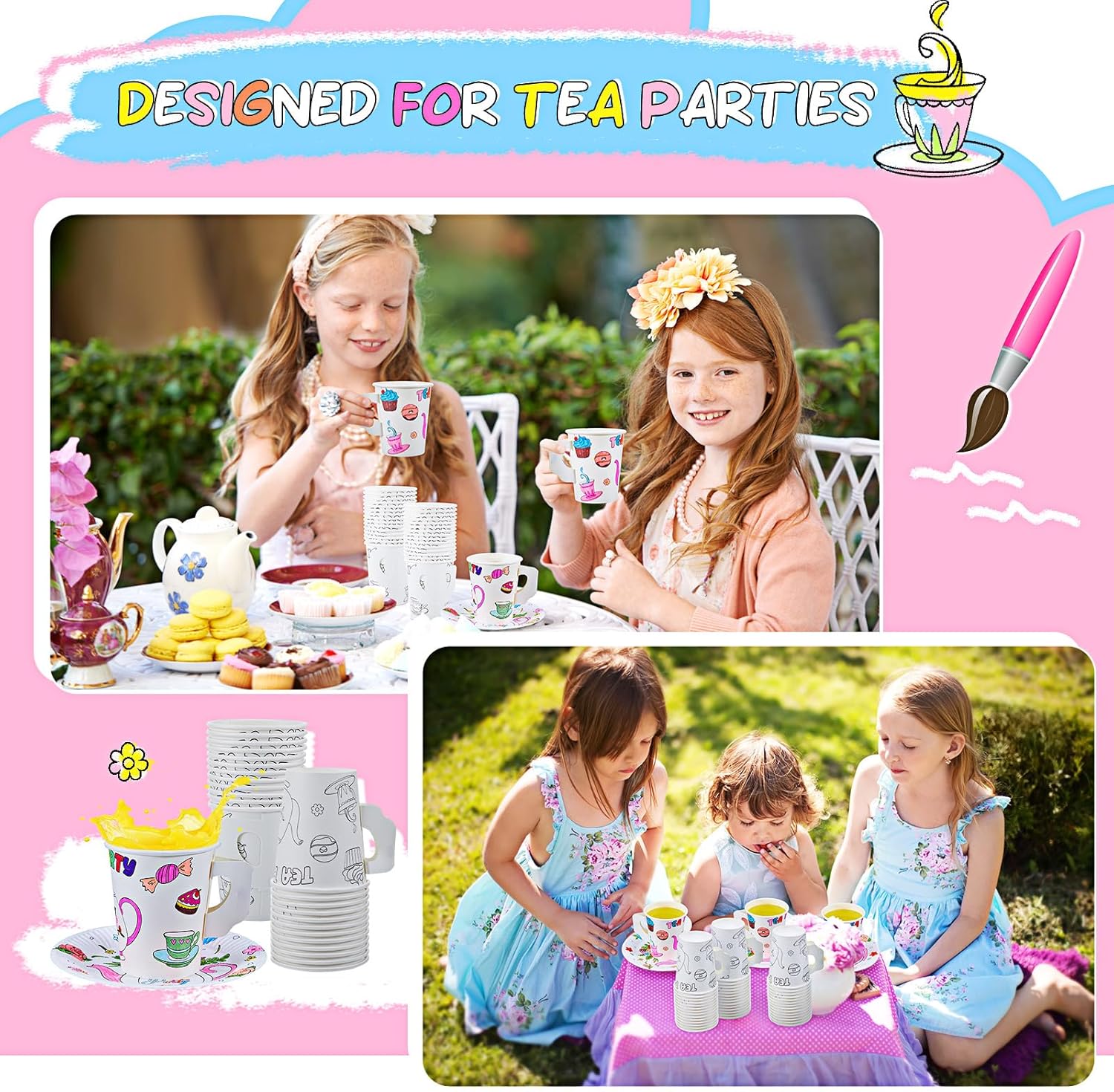 Tazas de té de papel con asa, tazas desechables para colorear para niños, tazas de té y platos de papel floral, calcomanías para fiestas de té,