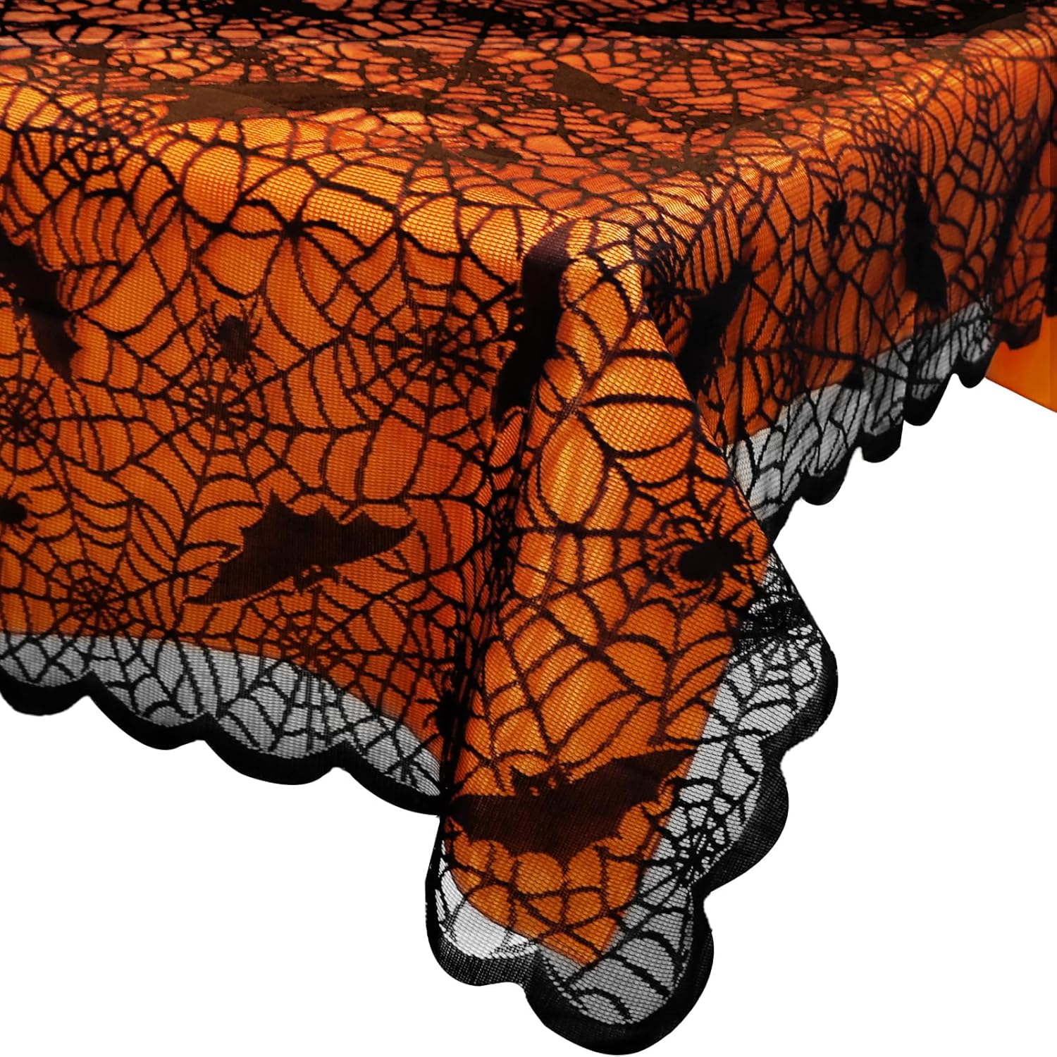 OurWarm 2 manteles de Halloween, mantel rectangular de poliéster con encaje negro y forro naranja, funda de mesa de tela de araña para decoraciones