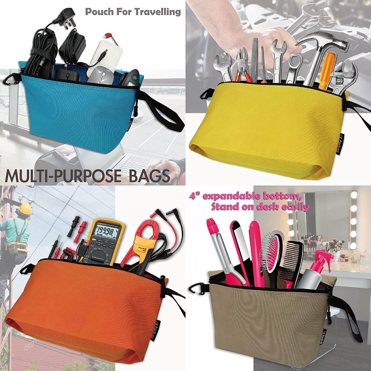 Paquete de 5 bolsas de herramientas, almacenamiento y organización de utilidad. Bolsa de lona con cremallera de lona afilada