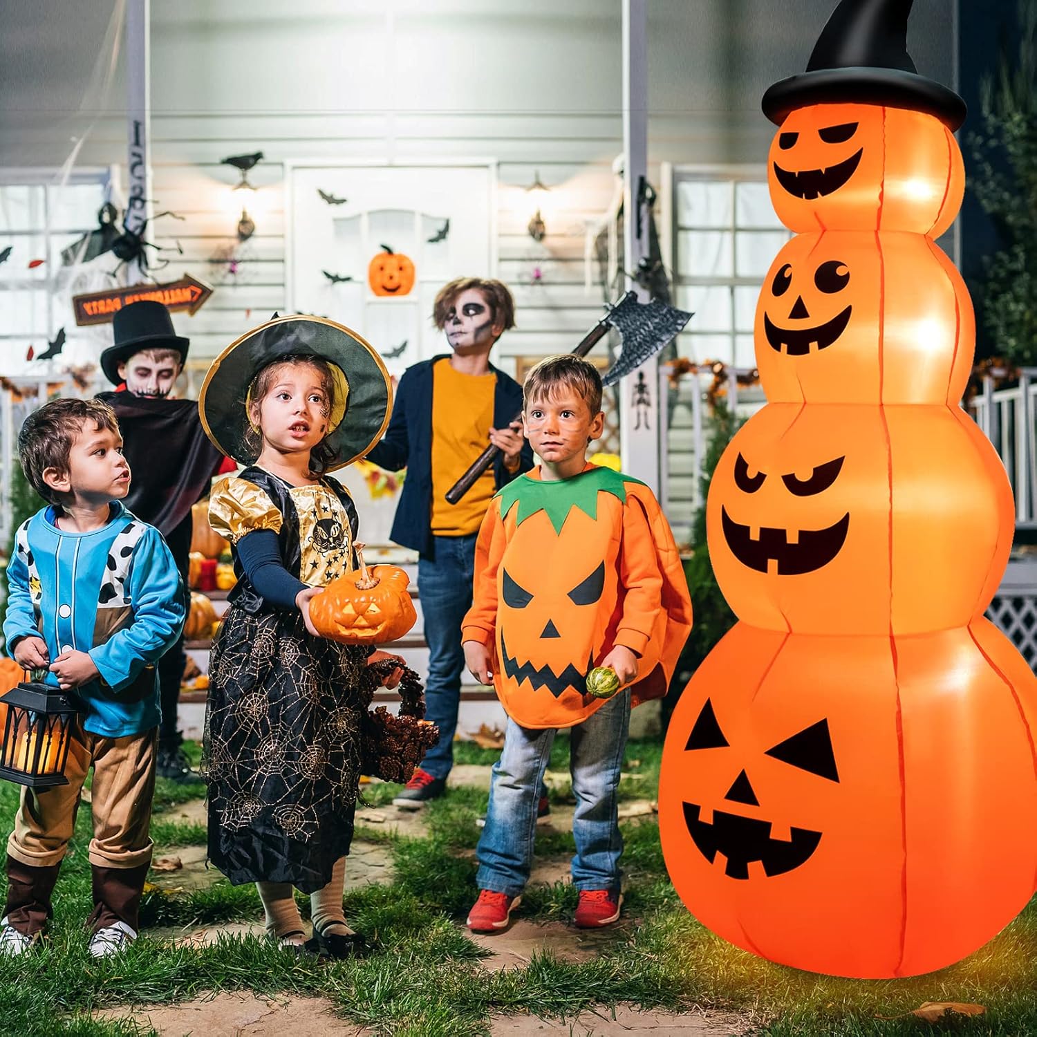 GOFLAME Calabazas inflables apiladas de Halloween de 8 pies con sombrero de bruja, decoración navideña inflable con luces LED integradas, soplador
