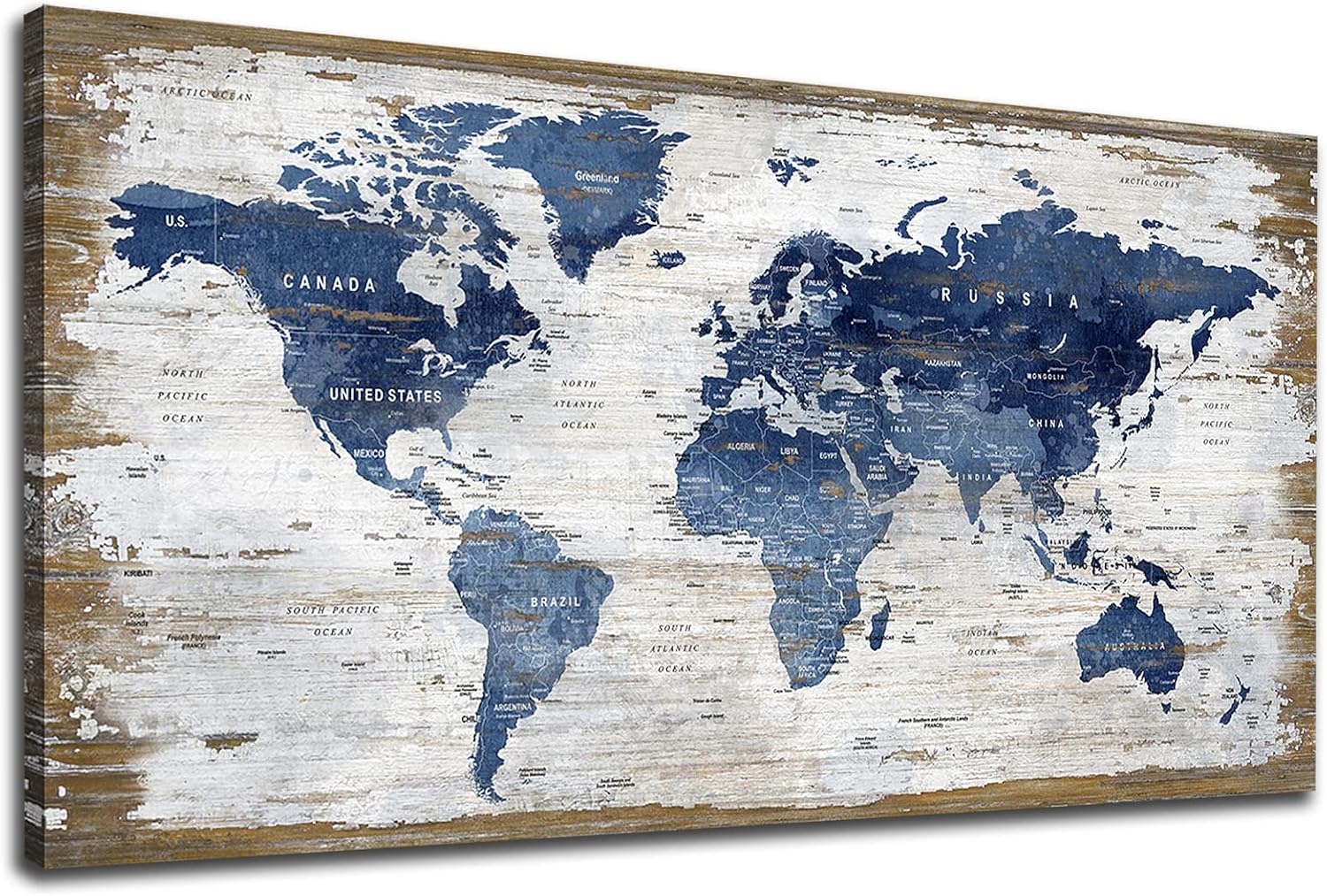 Lienzo grande con mapa del mundo vintage, arte para la pared, diseño de mapa azul oscuro del mundo, imágenes de mapas retro, impresiones artísticas