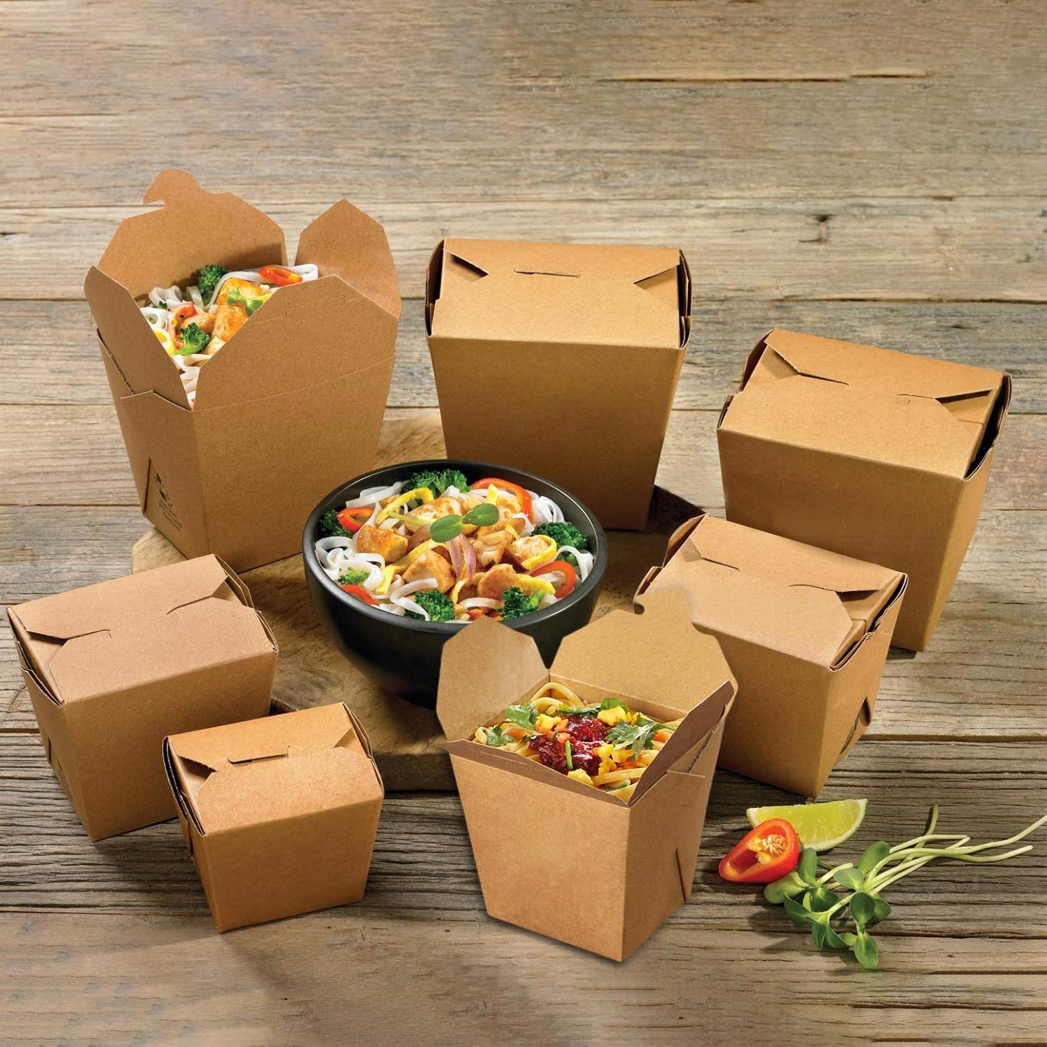 Fit Meal Prep Paquete de 50 cajas chinas para llevar de 8 onzas, 3 recipientes de cartón kraft liso de 2.5 pulgadas, resistentes a fugas y grasa,