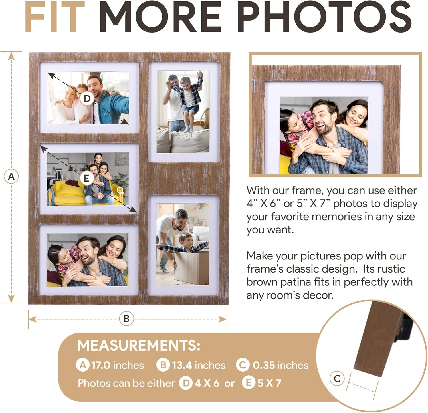 Great Lakes Memories GLM – Marcos de fotos de collage de 4 x 6 o 5 x 7 pulgadas para pared, capacidad para 5 fotos con vidrio y paspartú, collage de