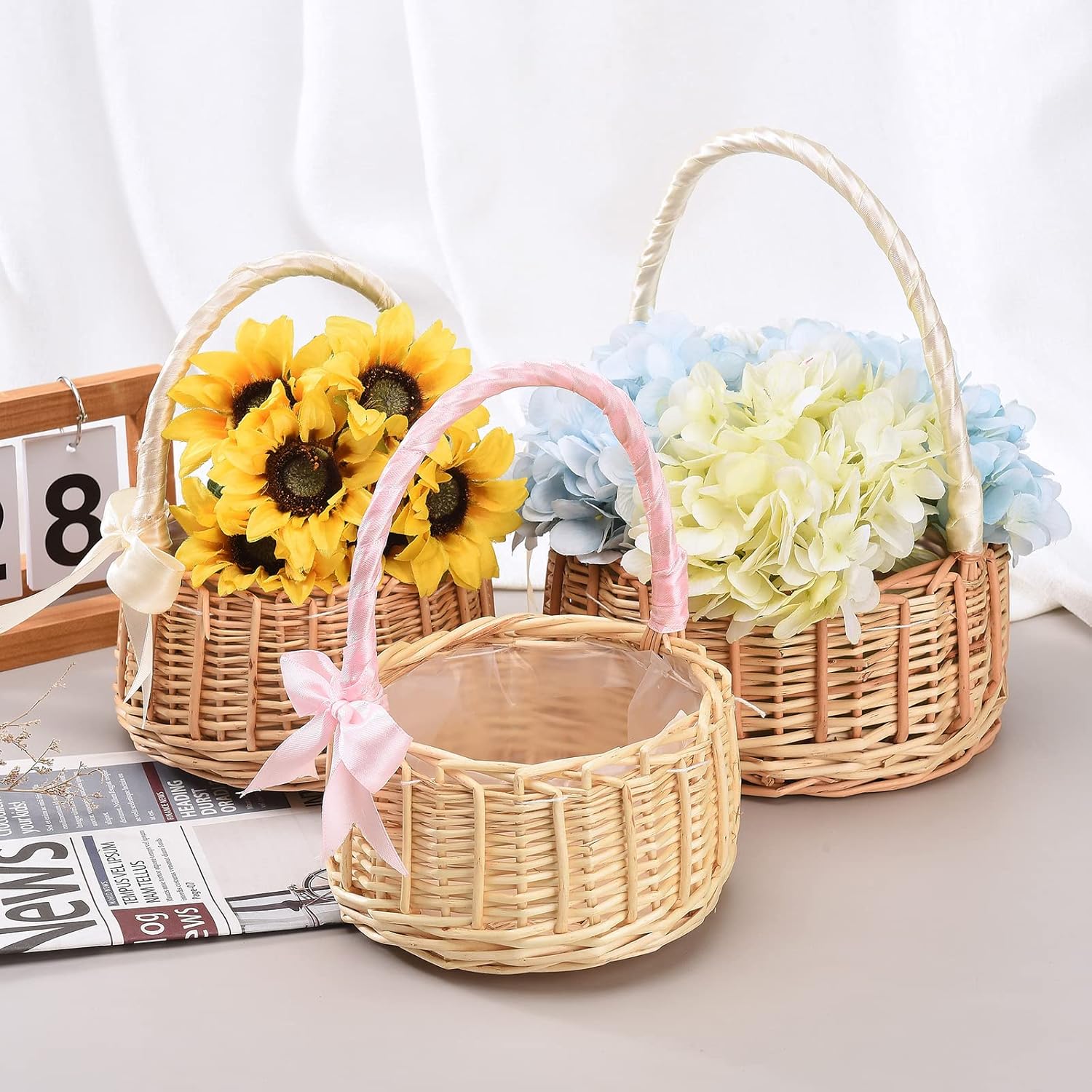 Cesta de niña de las flores, cesta rústica para niña de las flores con cinta, cesta pequeña con asa, cestas de mimbre para niñas de flores de ratán