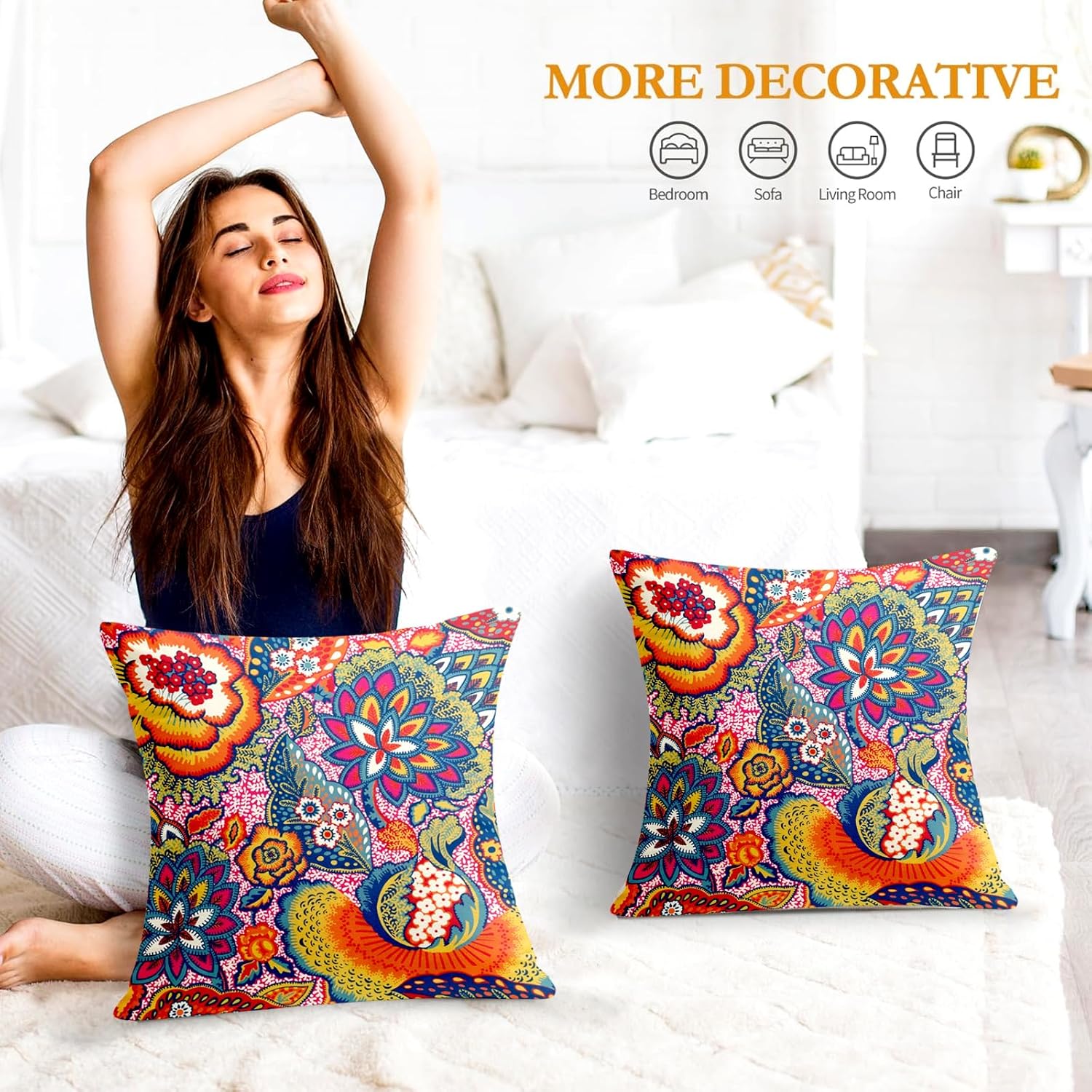 FUIAOIUE Juego de 2 fundas de almohada bohemias, coloridas fundas de almohada florales abstractas de 18 x 18 pulgadas, fundas de almohada suaves