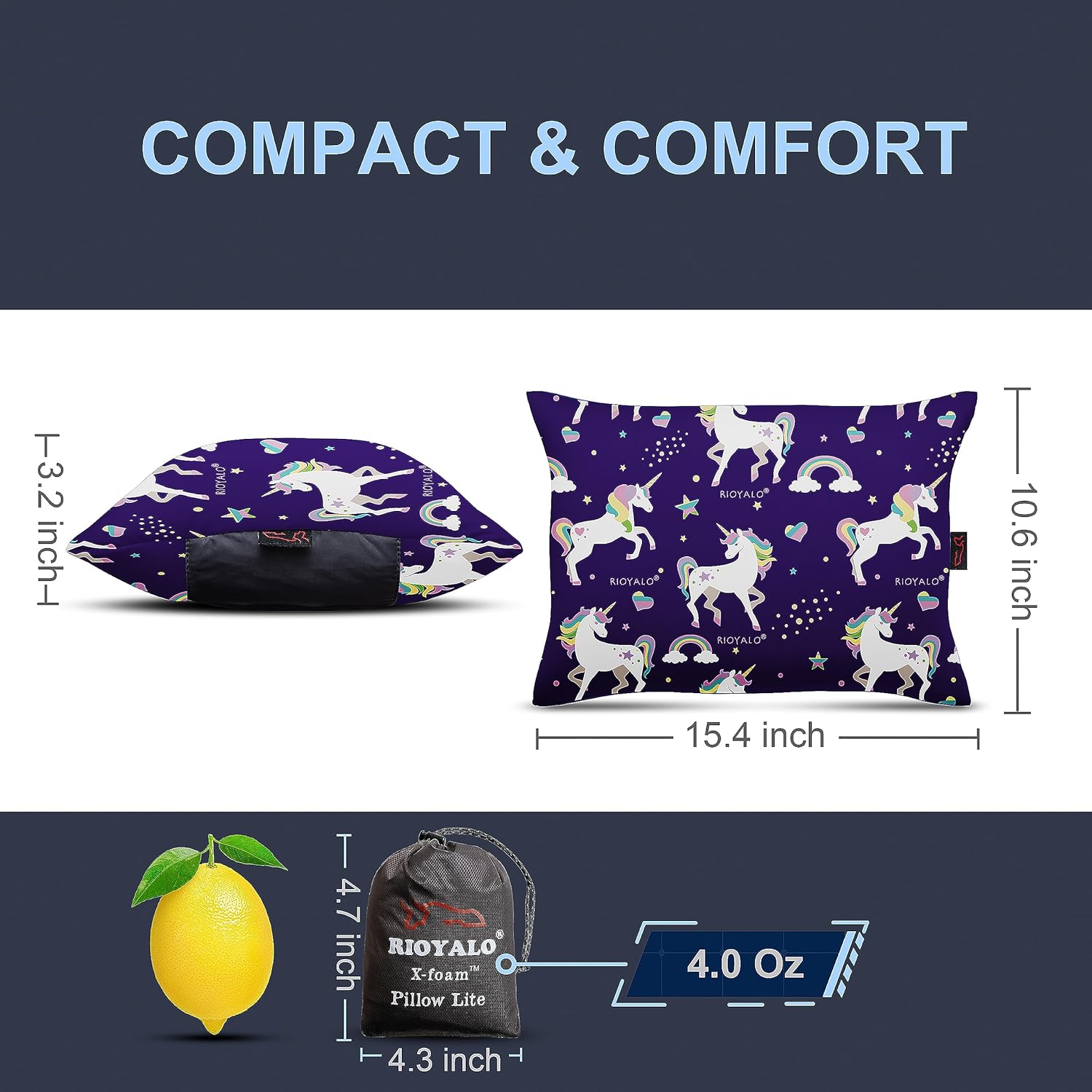 X-Foam Kids – Almohada inflable para acampar con funda de espuma extraíble para niñas  Unicornio  Cómodo, lavable, ultraligero y portátil