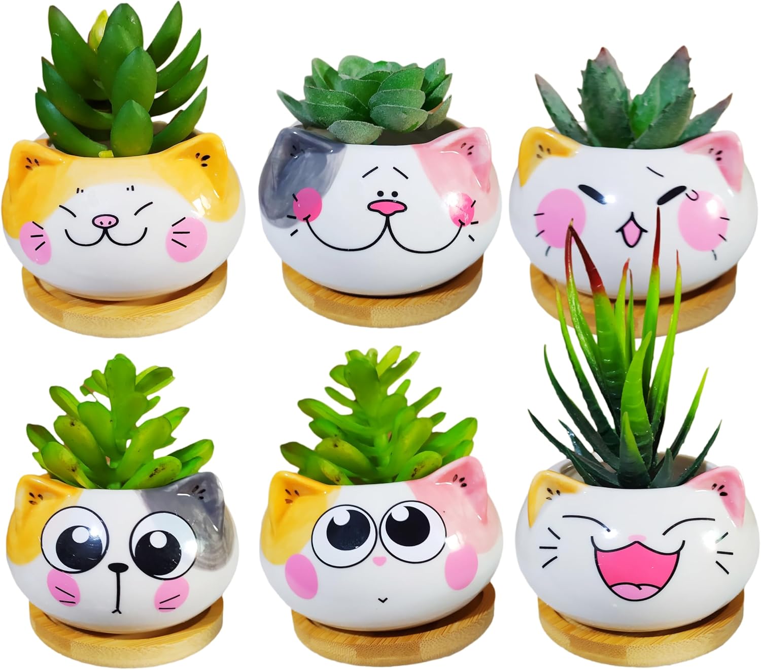 Juego de 6 macetas de cerámica para interiores de 3.5 pulgadas con forma de gato de dibujos animados con bandeja de bambú (planta no incluida)