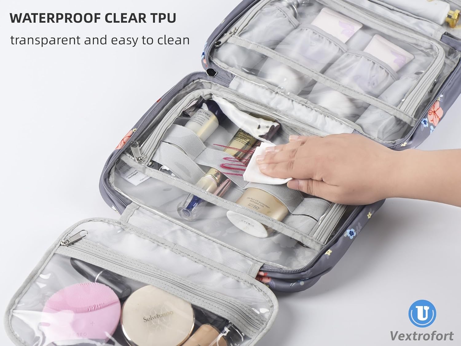 Neceser para mujer, bolsa de maquillaje de viaje colgante grande, resistente al agua para artículos de tocador, cosméticos, cepillos, Flor gris-V2,