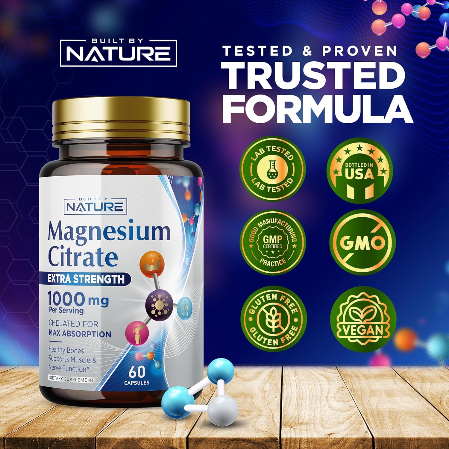 Citrato de magnesio 1000 mg  Máxima absorción y complejo de magnesio de alta potencia Suplemento para corazón, músculo, nervio, salud ósea y alivio