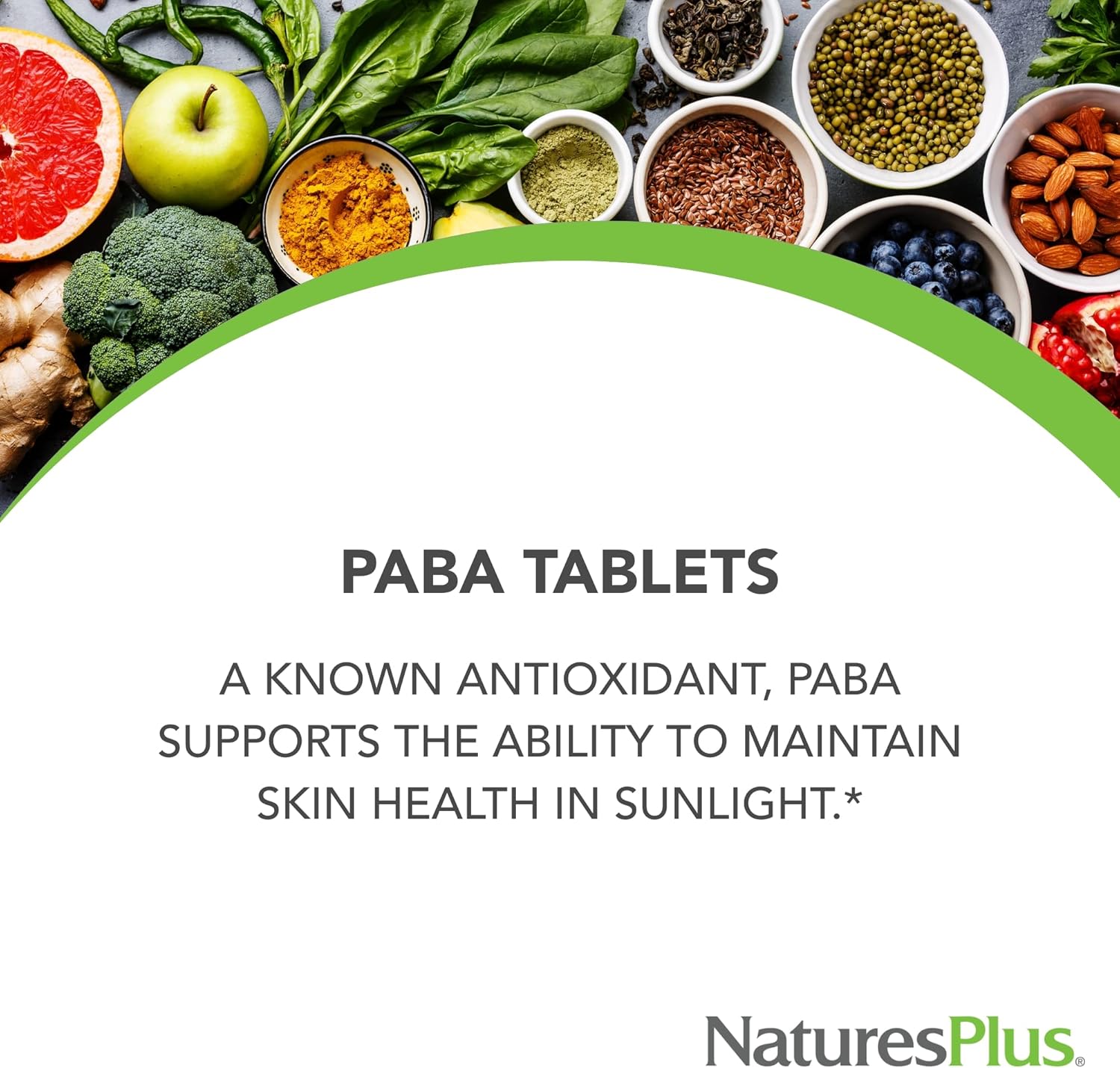 NaturesPlus PABA, liberación sostenida (ácido para-aminobenzoico) – 1000 mg, 60 tabletas vegetarianas – Suplemento de apoyo para la salud de la