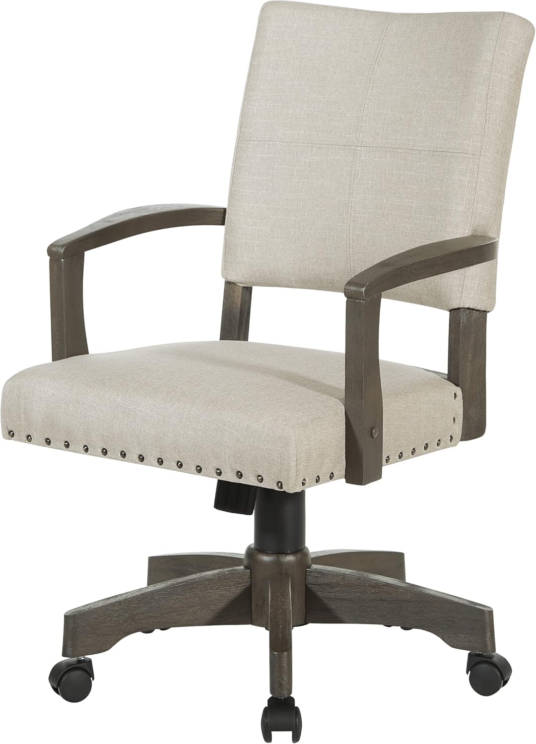 OSP Home Furnishings Santina – Silla de escritorio acolchada con costuras francesas a medida y ribete de cabeza de clavo, brazos de madera maciza y
