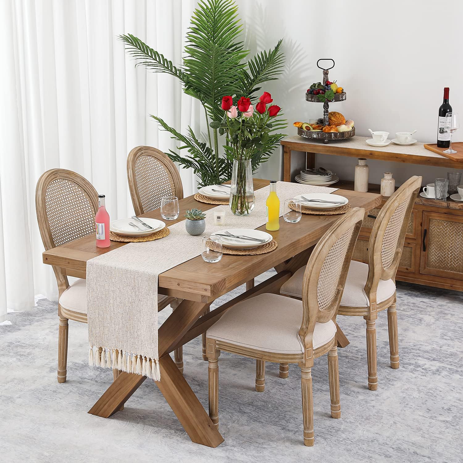Camino de mesa rústico de estilo granja, lino de arpillera gruesa y bohemio, lavable de 108 pulgadas de largo para decoración de comedor, tocador,