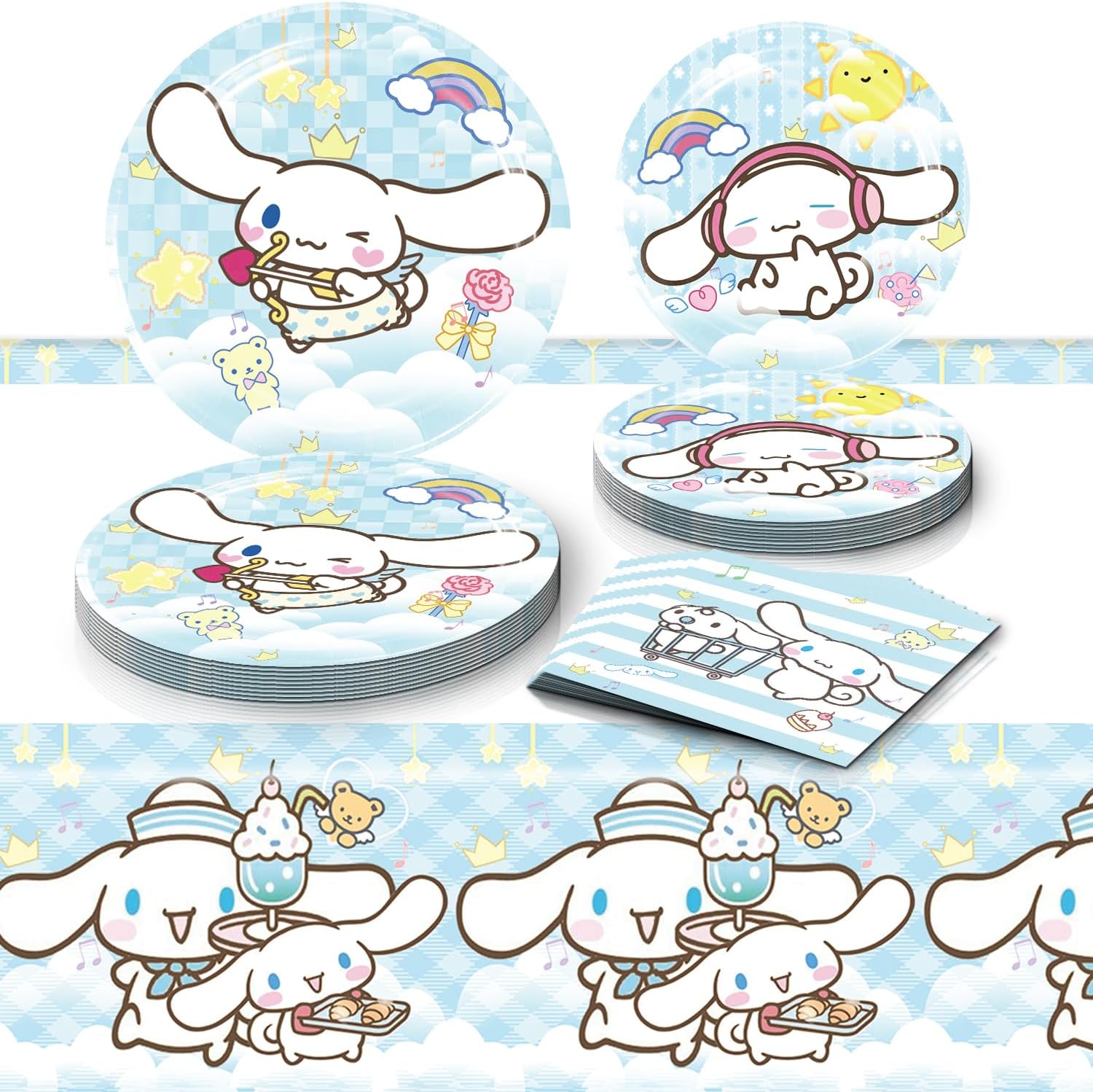 Cinnamoroll – Decoraciones de cumpleaños, 20 platos, 20 servilletas y 1 mantel para niños y niñas, suministros de fiesta
