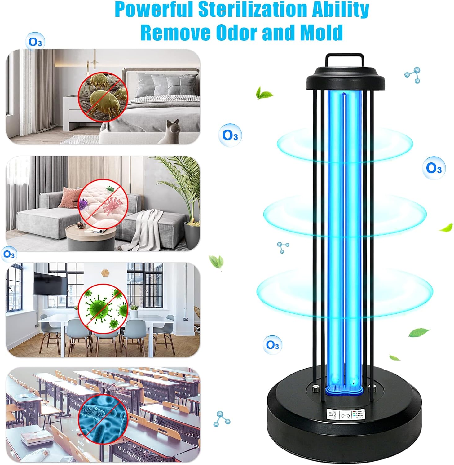 COOSPIDER UV Desinfectante de luz Lámpara germicida UVC de 38 vatios con control remoto de 185 nm, lámpara esterilizadora para eliminación de olores