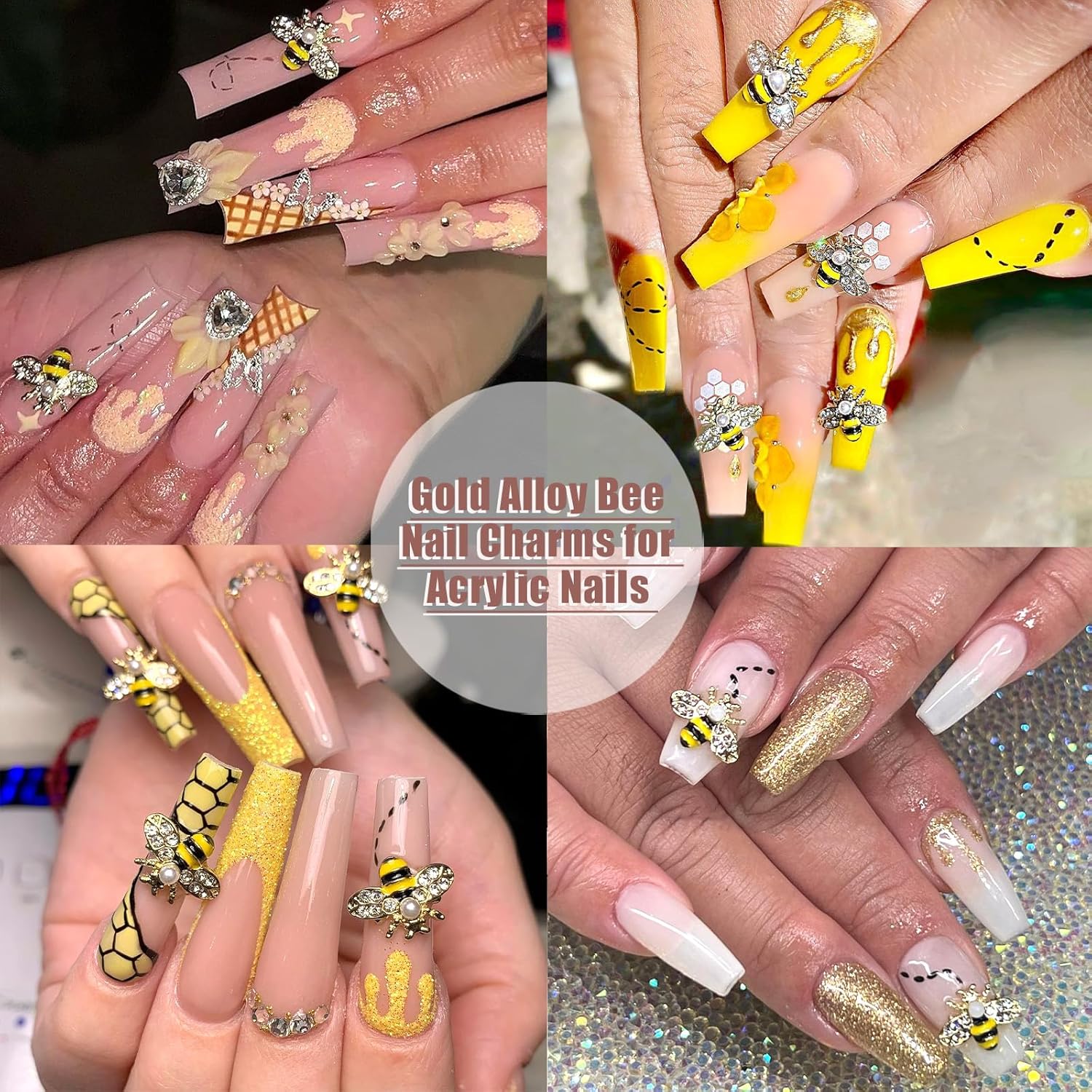 RODAKY 10 dijes de arte de uñas de abeja dorada 3D de aleación de oro de abejas para uñas, diseño de bricolaje, lindo kawaii para uñas de cristal de