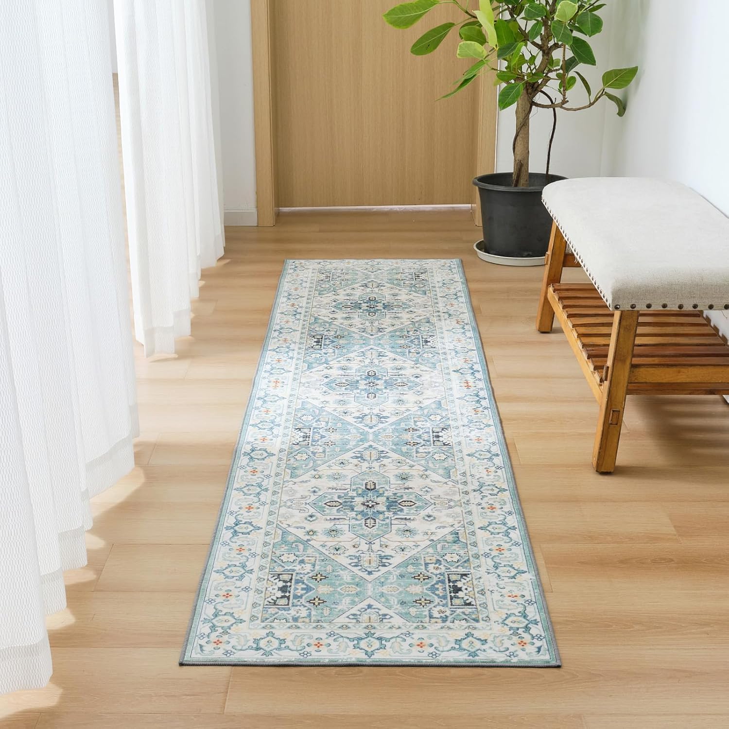 Auemtyn Alfombra de pasillo, 2 x 8 pies, lavable, vintage, con parte trasera antideslizante, medallón ultrafina, envejecida, no desprende pelusa,