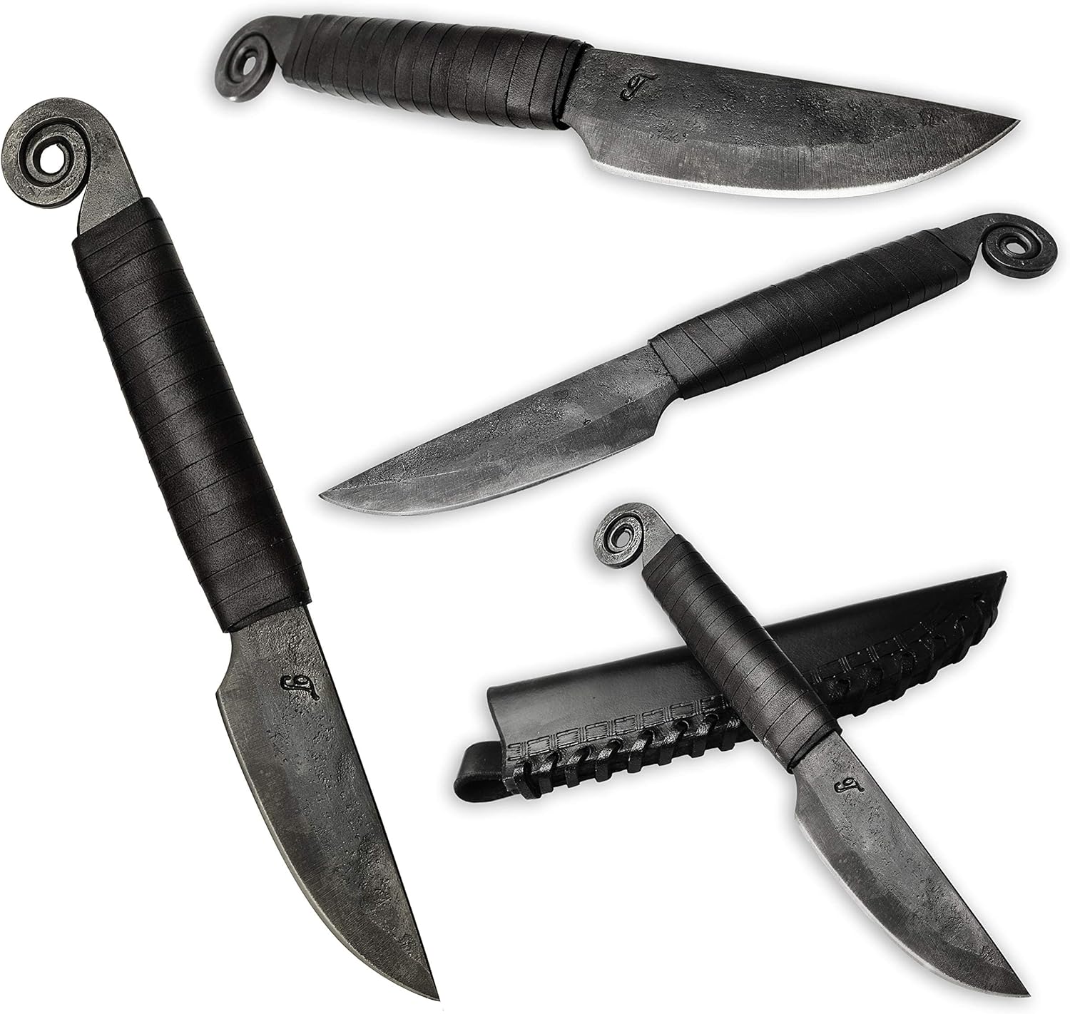 TOFERNER Cuchillo forjado a mano – Caracol – negro – Deportes – Hoja endurecida – Estuche de cuero genuino hecho a mano – Vintage- Colección de arte