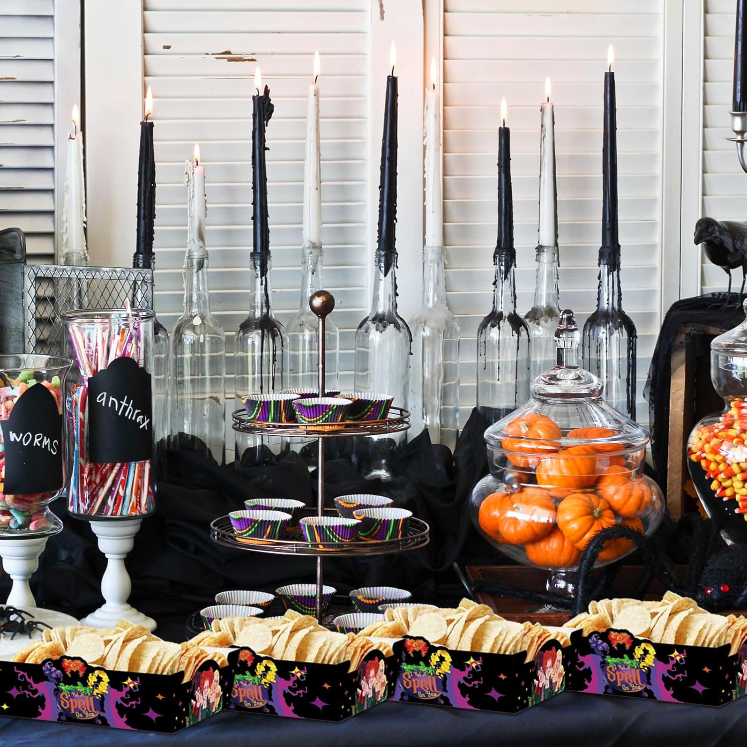 Paquete de 50 suministros de fiesta de Halloween Hocus Pocus, bandeja de comida de Hocus Pocus, bandeja de papel para servir alimentos para fiesta