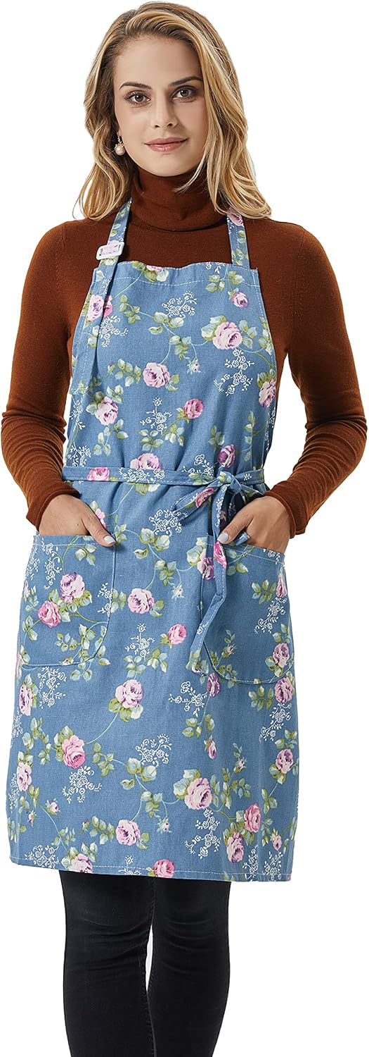 APRONNER Delantales de lino de algodón para mujer con bolsillos, lazos largos ajustables para cocinar, hornear, estilo vintage