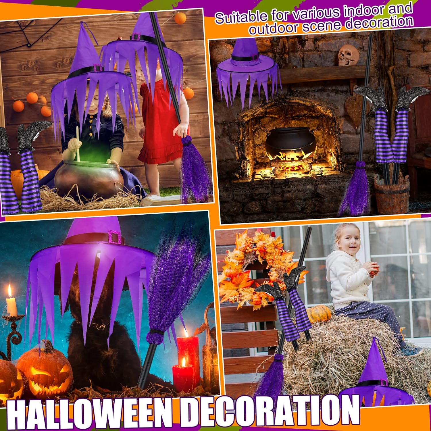 Juego de 4 piezas de patas de bruja boca abajo para Halloween, patas de bruja moradas malvadas, decoraciones con escoba y sombrero de bruja para