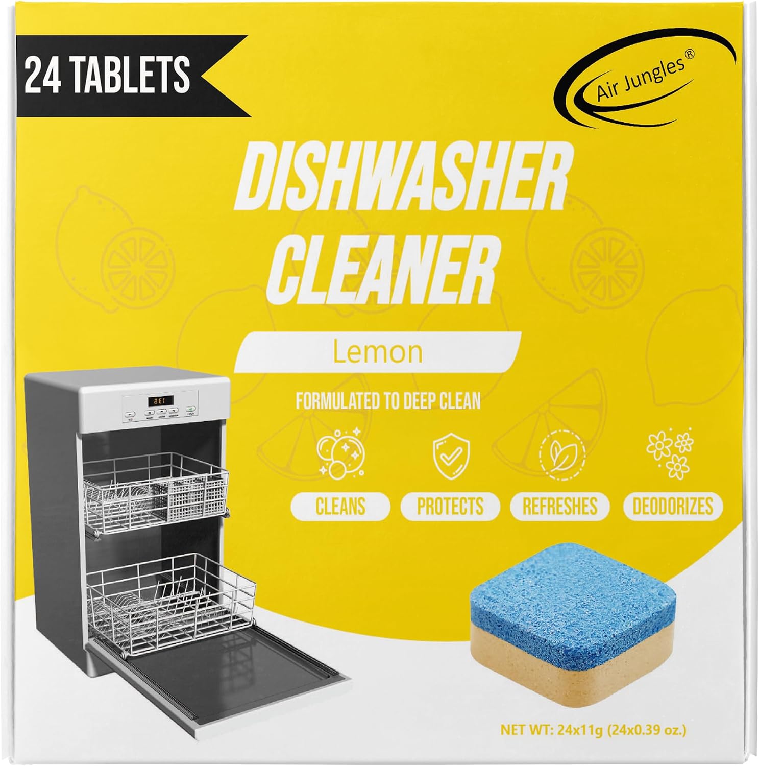 Air Jungles Tabletas limpiadoras de lavavajillas (24 unidades), aroma a limón, descalcificador de limpieza profunda, formuladas para limpiar la