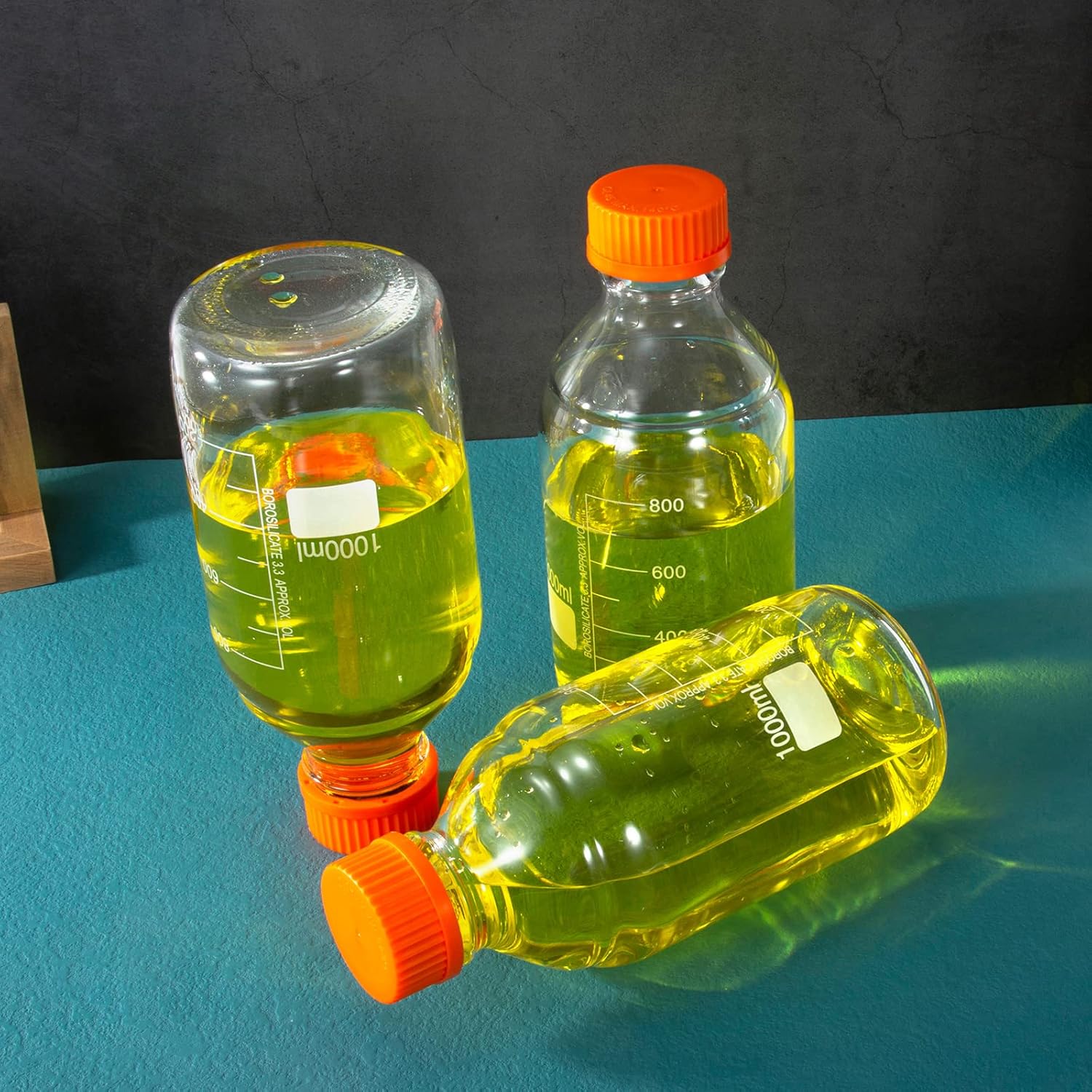 Botellas redondas de almacenamiento de medios de 33.8 fl oz con tapa de rosca GL45, vidrio de borosilicato, temperatura máxima 249.8 F, paquete de 3