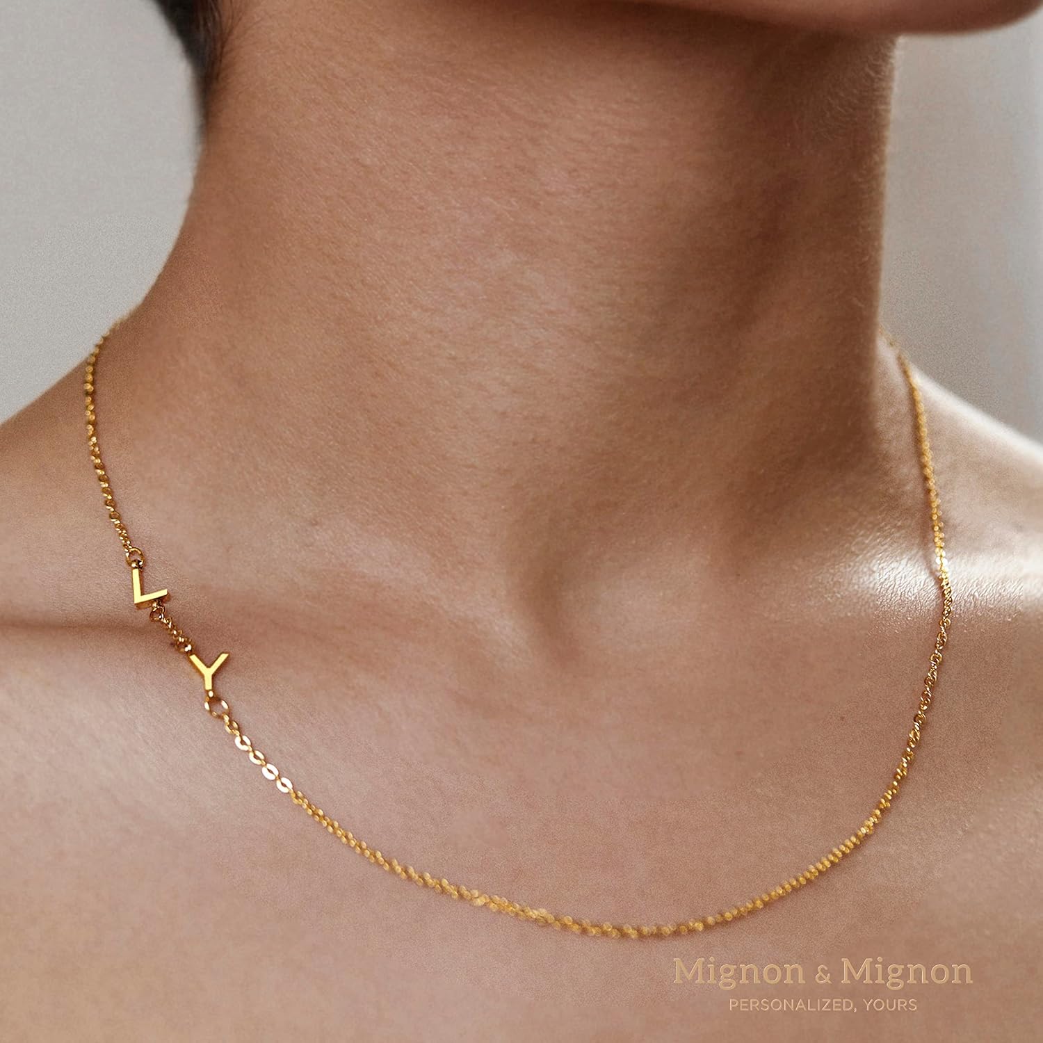 MignonandMignon Sideways Tiny Initial Necklace  Off Center Letter  Personalized Name  Mothers Day Perfect Gift for Mom -SIN