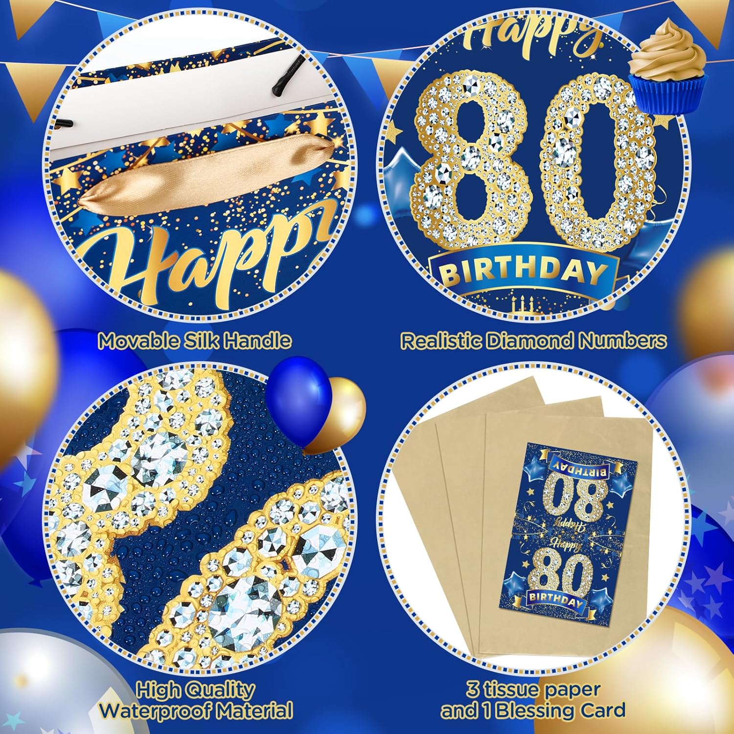 Bolsa de regalo azul para cumpleaños de 80 años, grande, azul marino y dorado, bolsa de regalo de feliz cumpleaños con tarjeta y 3 piezas de papel