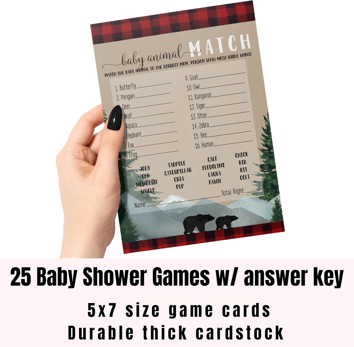 Juego de baby shower de leñador a juego de animales para todas las ocasiones, actividades divertidas de adivinanzas, juego de invitados, oso rústico