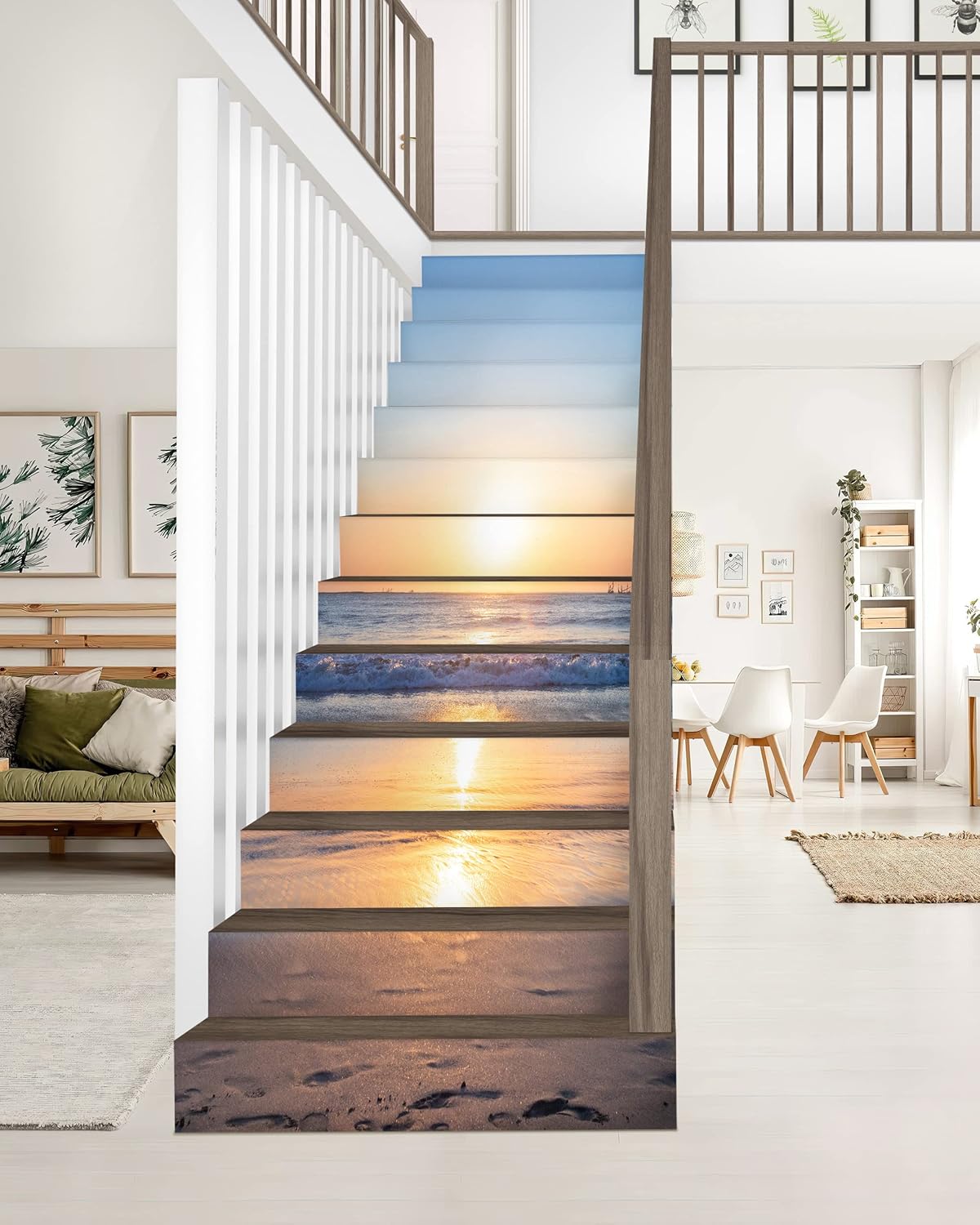 FLFK Sunrise Beach – Juego de 15 calcomanías para escaleras, despegar y pegar, 39.3 x 7.08 pulgadas
