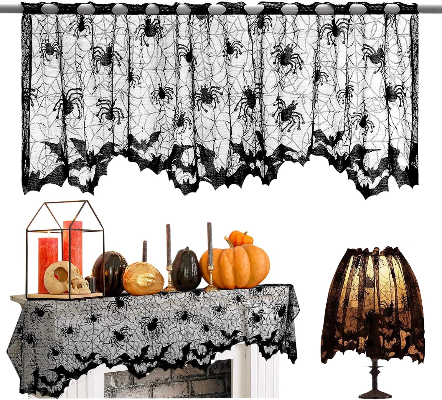 Mikily’s Cortina de encaje de Halloween de 18.5 pulgadas de largo x 61 pulgadas de ancho, con diseño de telaraña, perfecta para decoración de