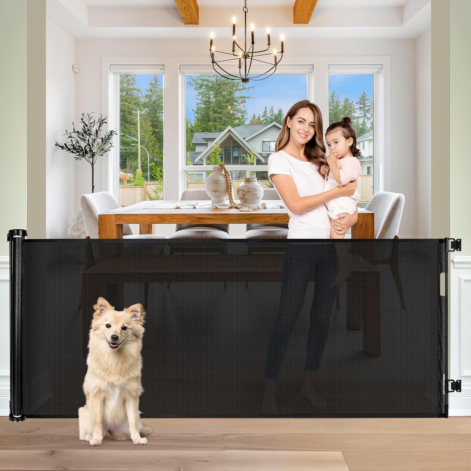 Puerta de bebé extra ancha de 65 pulgadas para ahorrar espacio, puertas de malla retráctiles para niños o mascotas, puertas retráctiles movibles