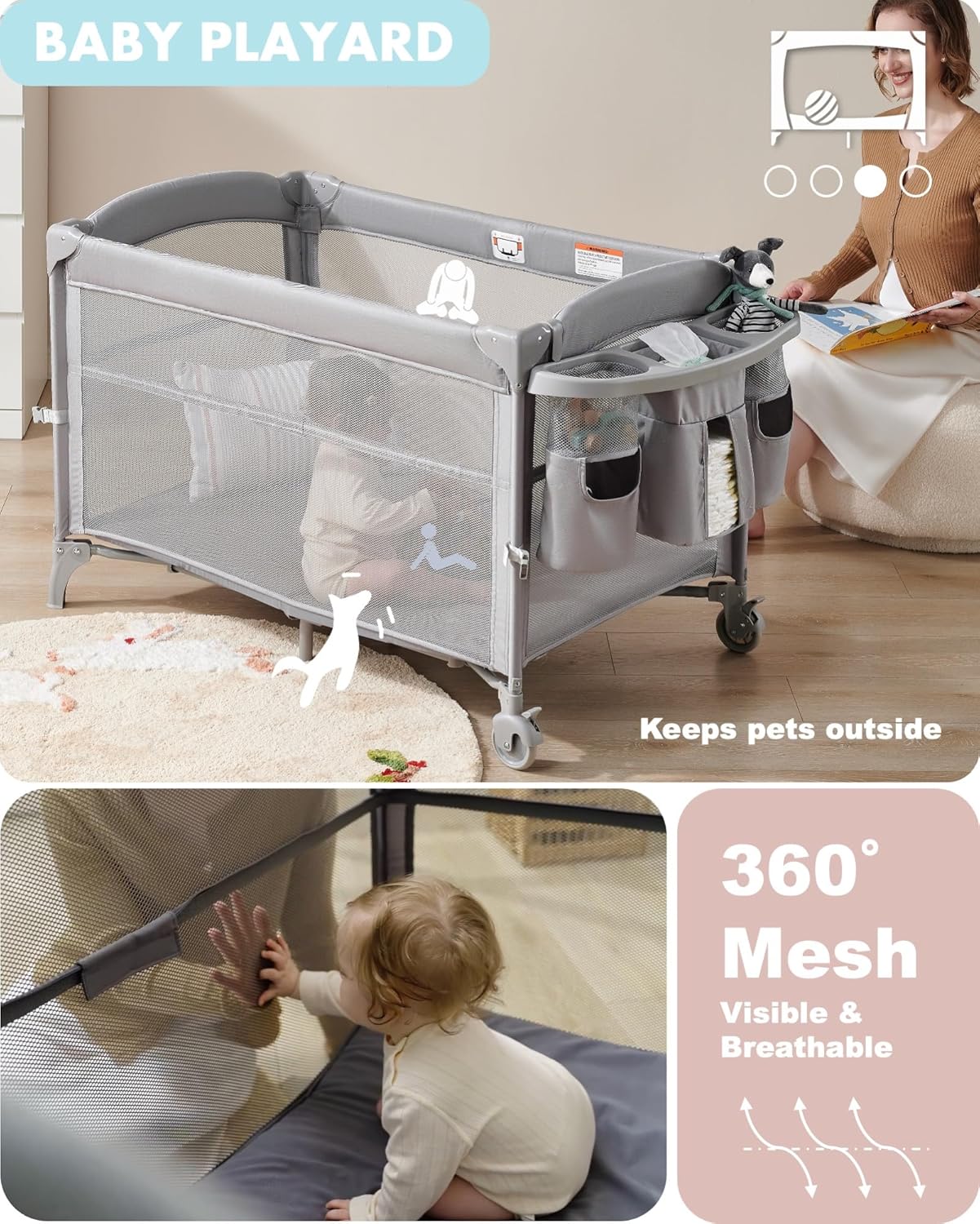 AirClub Moisés 4 en 1 para bebé, cuna para bebé, cama para cuna, patio de recreo, cambiador de pañales portátil, cuna para bebé recién nacido