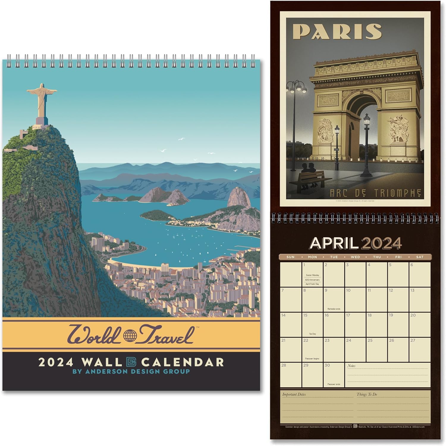 Americanflat Calendario 2024  Diseño de destinos de viaje mundial  Calendario de pared grande con formato mensual  Calendario mensual colgante  10 x