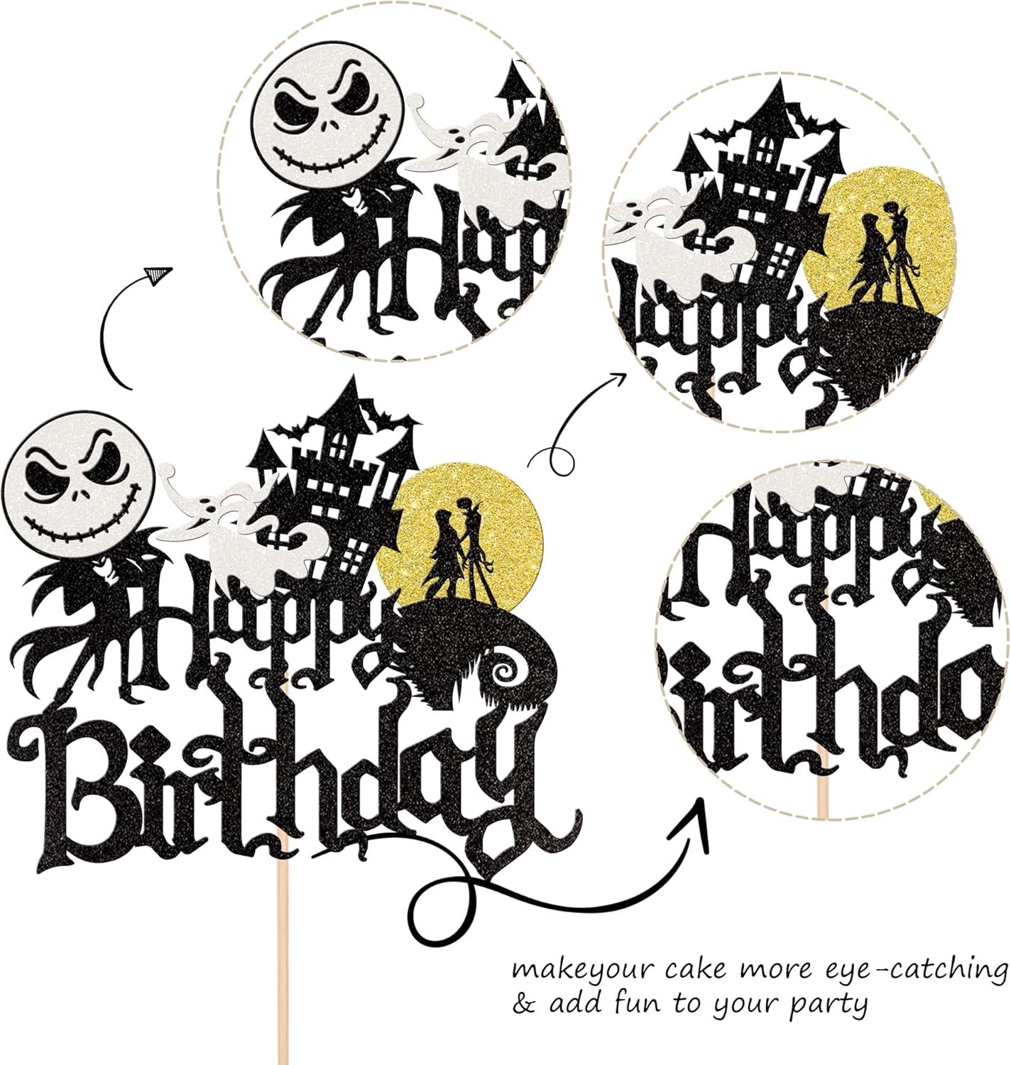 1 pieza de decoración de pastel de Halloween con purpurina de Jack y Sally Castle Ghost Halloween Cake Pick para temática de Pesadilla antes de