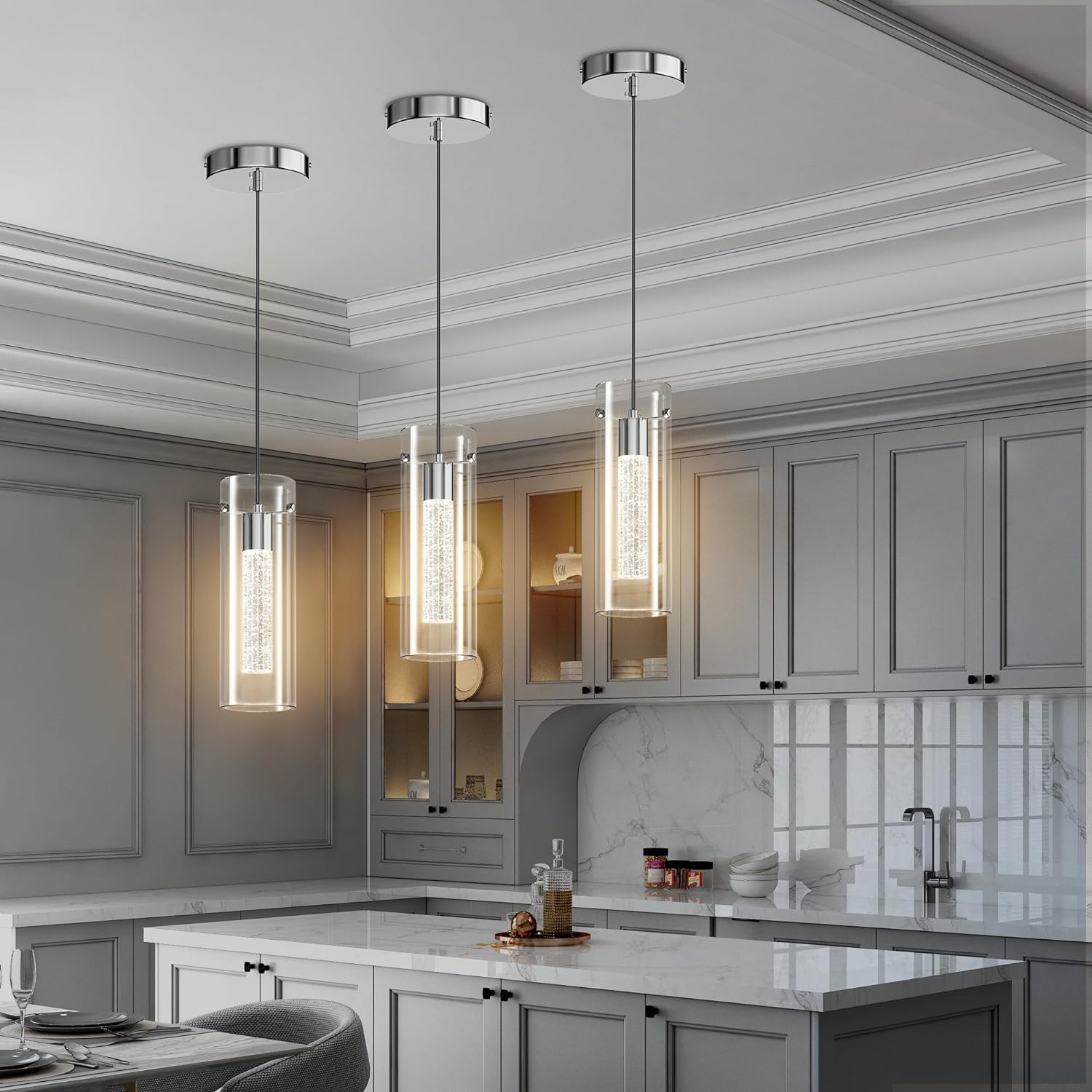 Aipsun Luces colgantes para isla de cocina, paquete de 3 lámparas colgantes de cristal con burbujas de cristal, 3000 K, lámpara LED moderna para