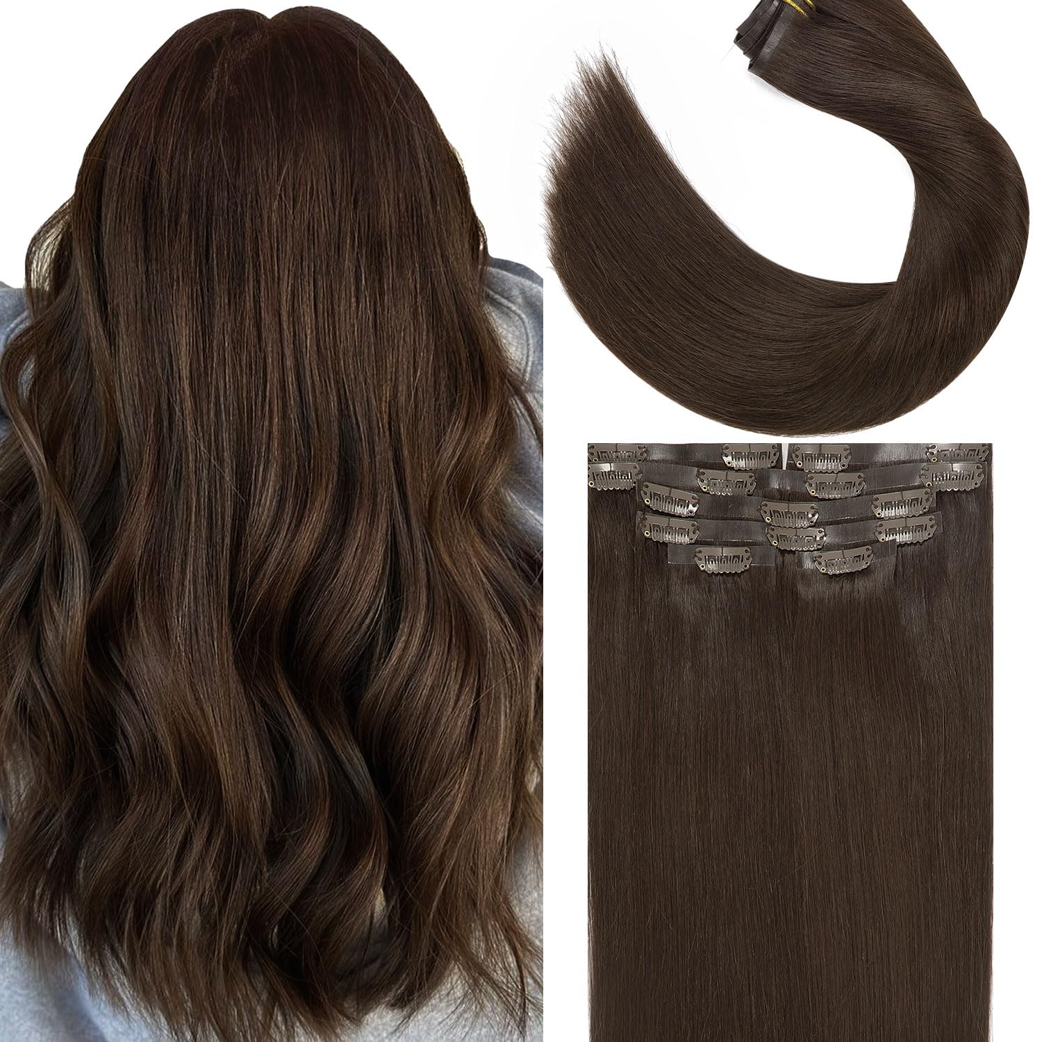 Lacer Extensiones de cabello humano real con clip, extensiones de cabello humano con clip, de 18 pulgadas, sin costuras, trama de poliuretano, 7