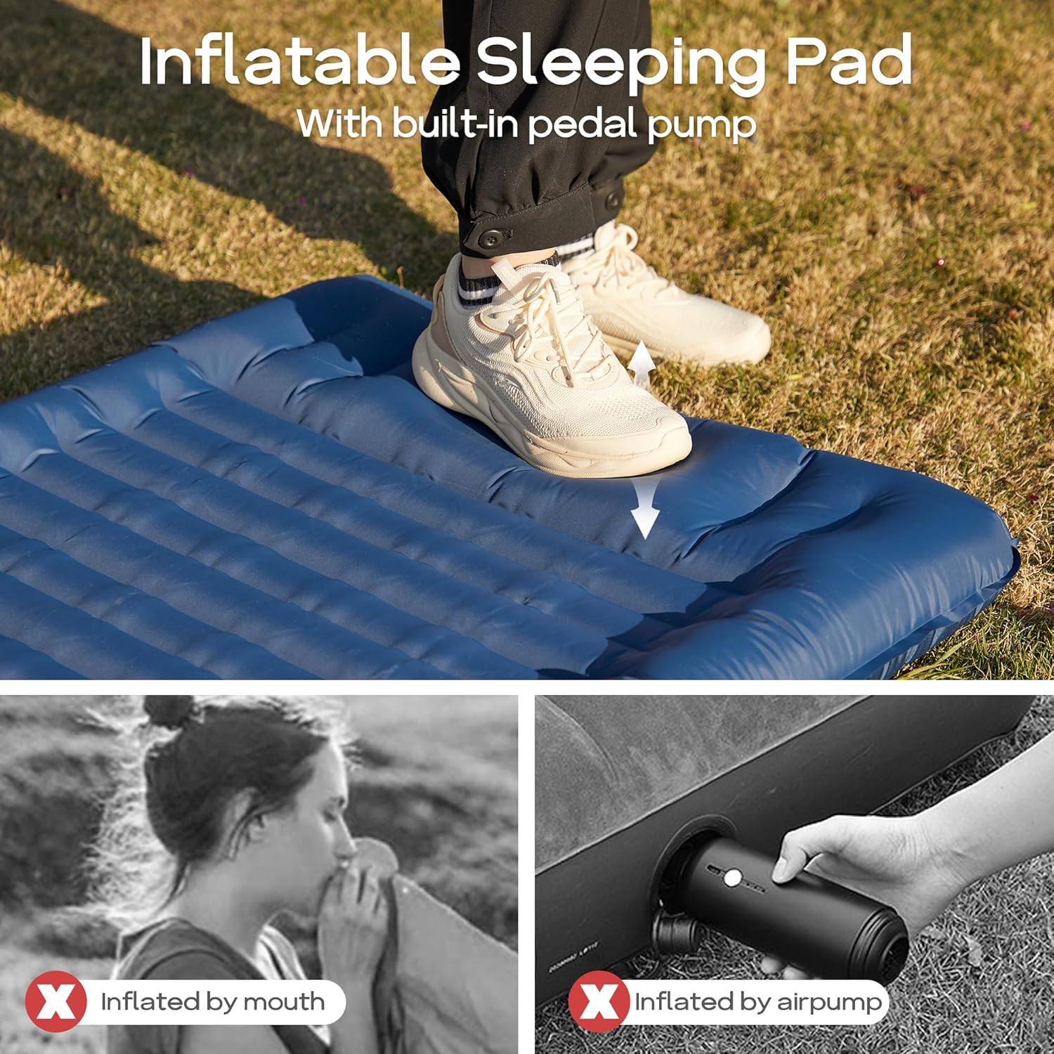 PORTAL Colchoneta inflable extra gruesa de 3.9 pulgadas para acampar, colchoneta de dormir con almohada, bomba de pie incorporada, bolsa de