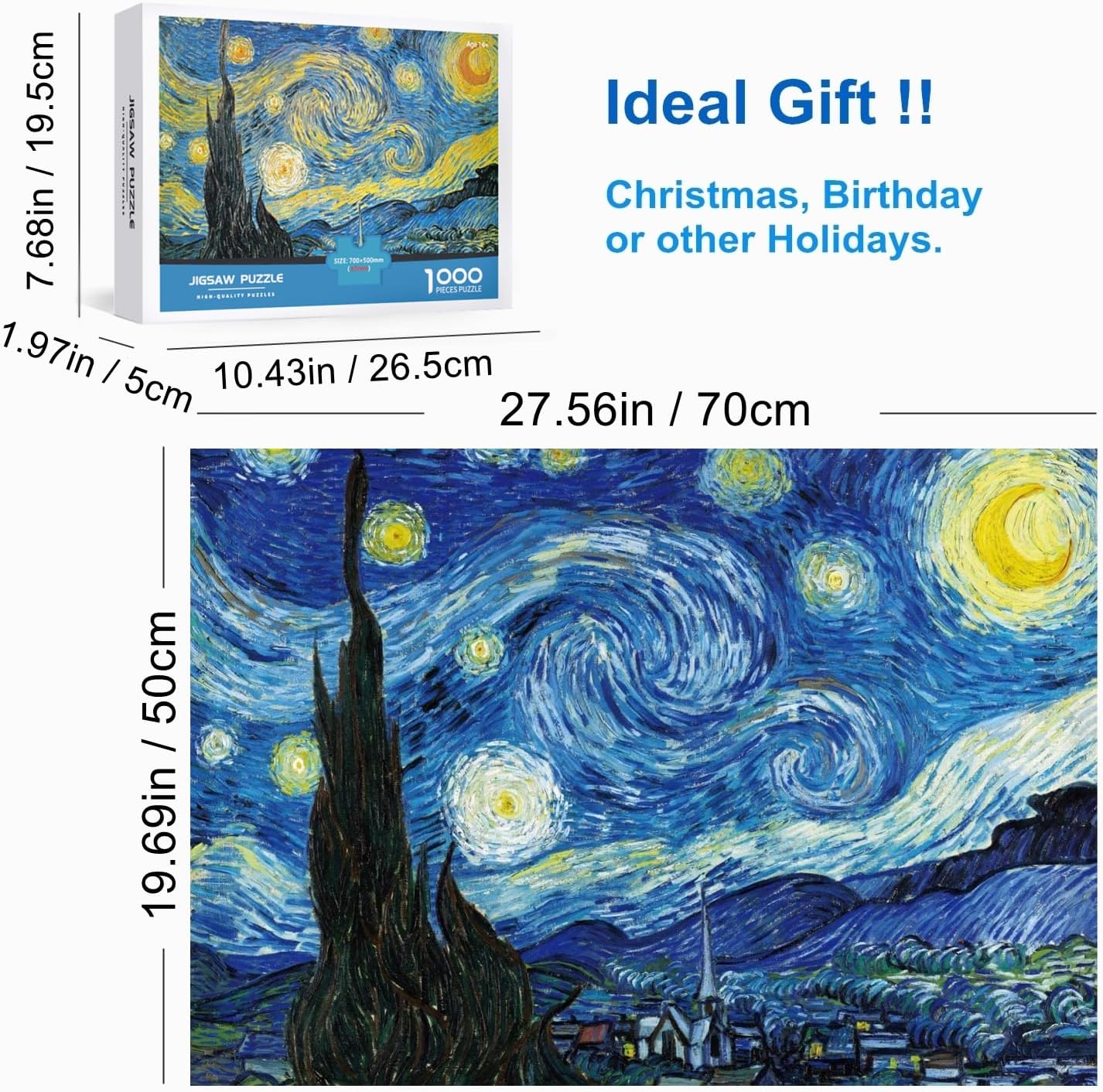 Rompecabezas de 1000 piezas para adultos, noche estrellada por Vincent Van Gogh de 27.56 x 19.69 pulgadas, rompecabezas para adultos, juguete