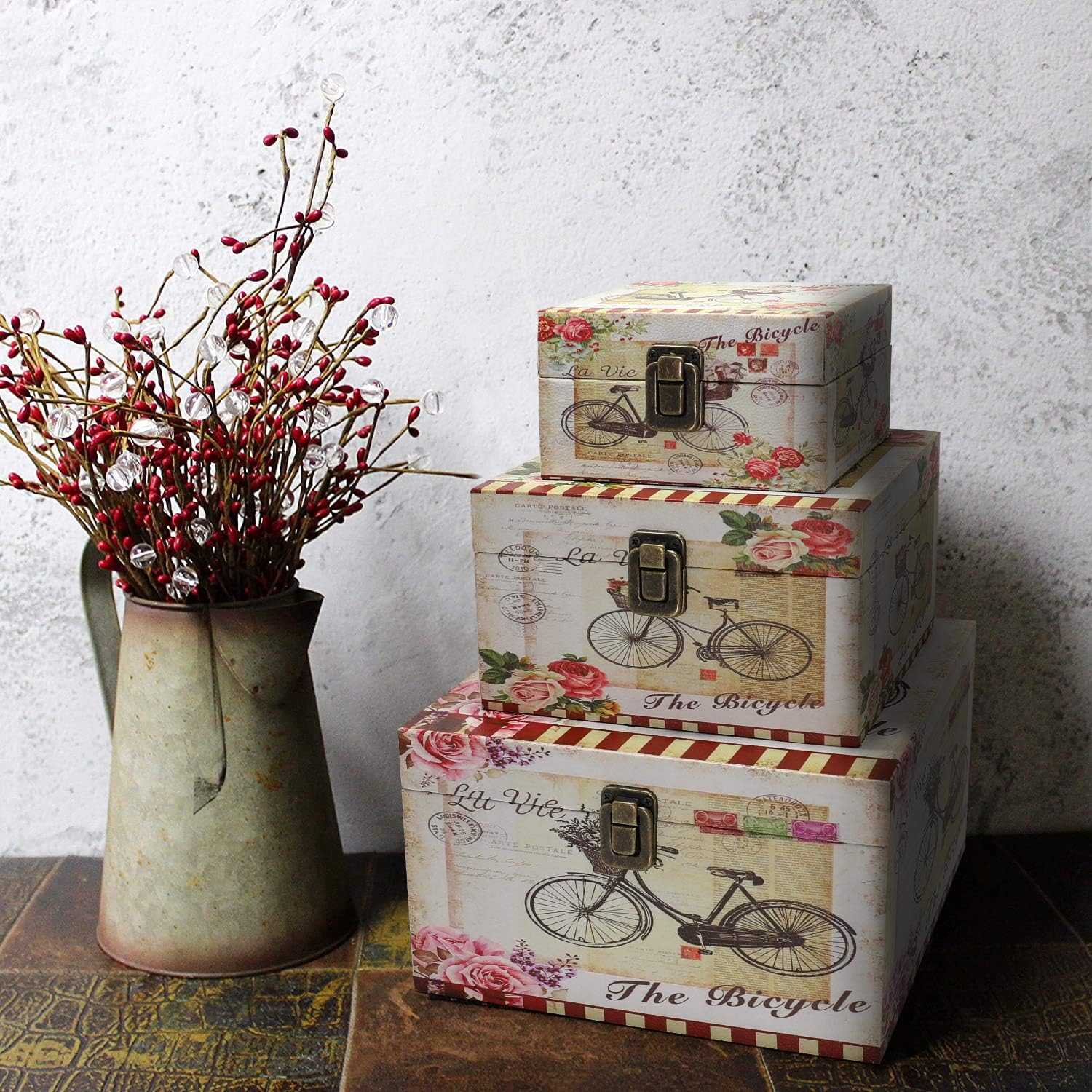 Jolitac Juego de 3 cajas de almacenamiento de madera, cajas decorativas vintage con tapa, decoración del hogar, cajas de almacenamiento de madera