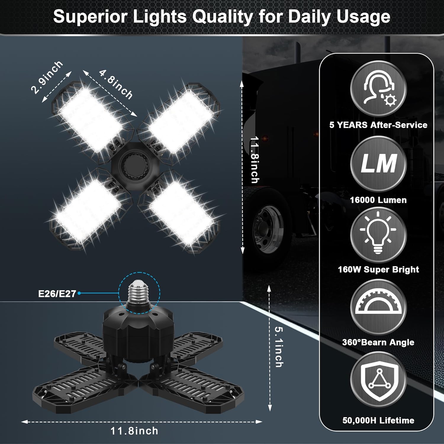 AUDLES Luz de garaje, luces LED de 150 W, luz LED E26E27 para garaje, luces de techo LED súper brillantes con 4 paneles deformables Iluminación de
