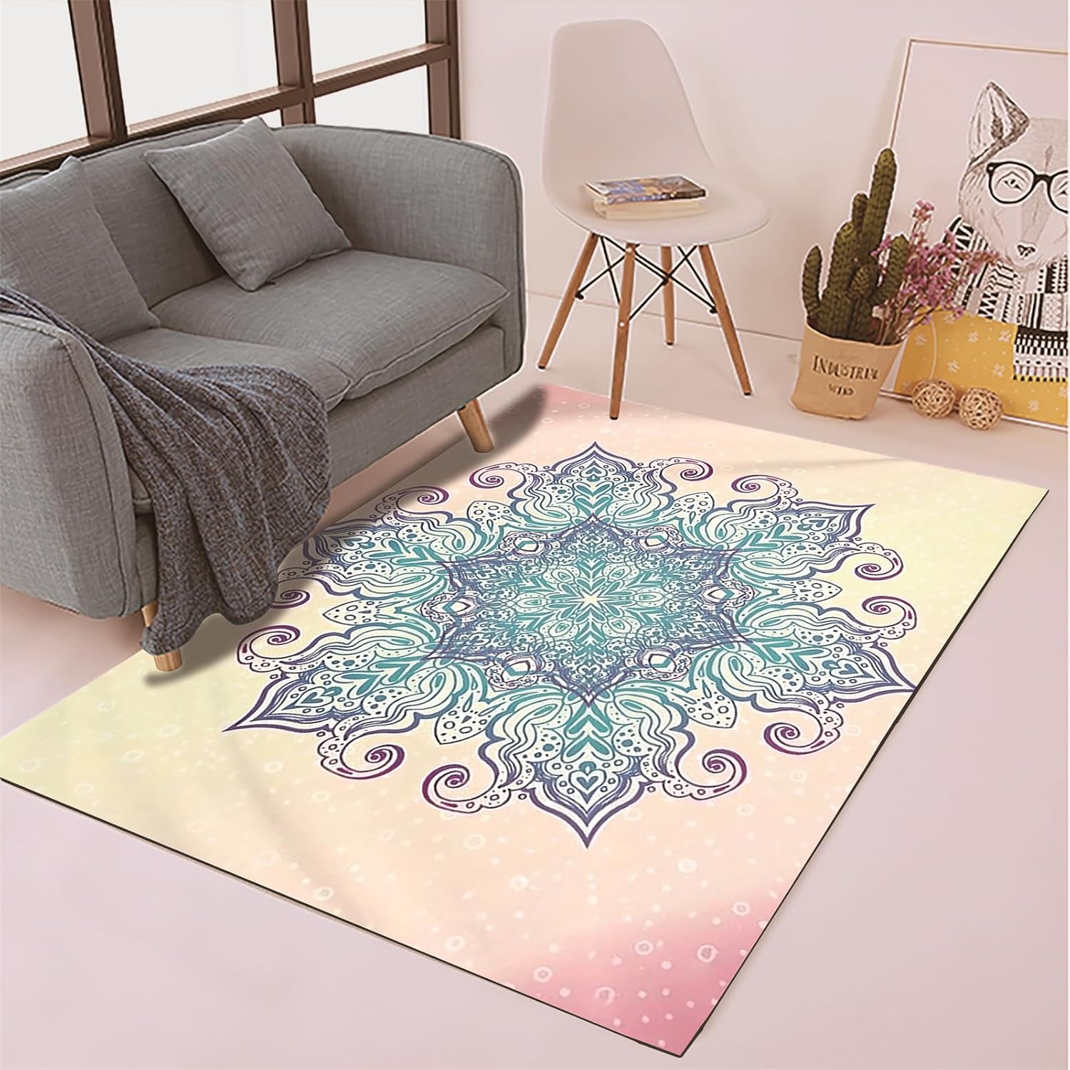 Alfombras de área con mandala, 3 x 5 pies, alfombras bohemias de lujo, color rosa, azul y cian, para sala de estar, interior y exterior, dormitorio,