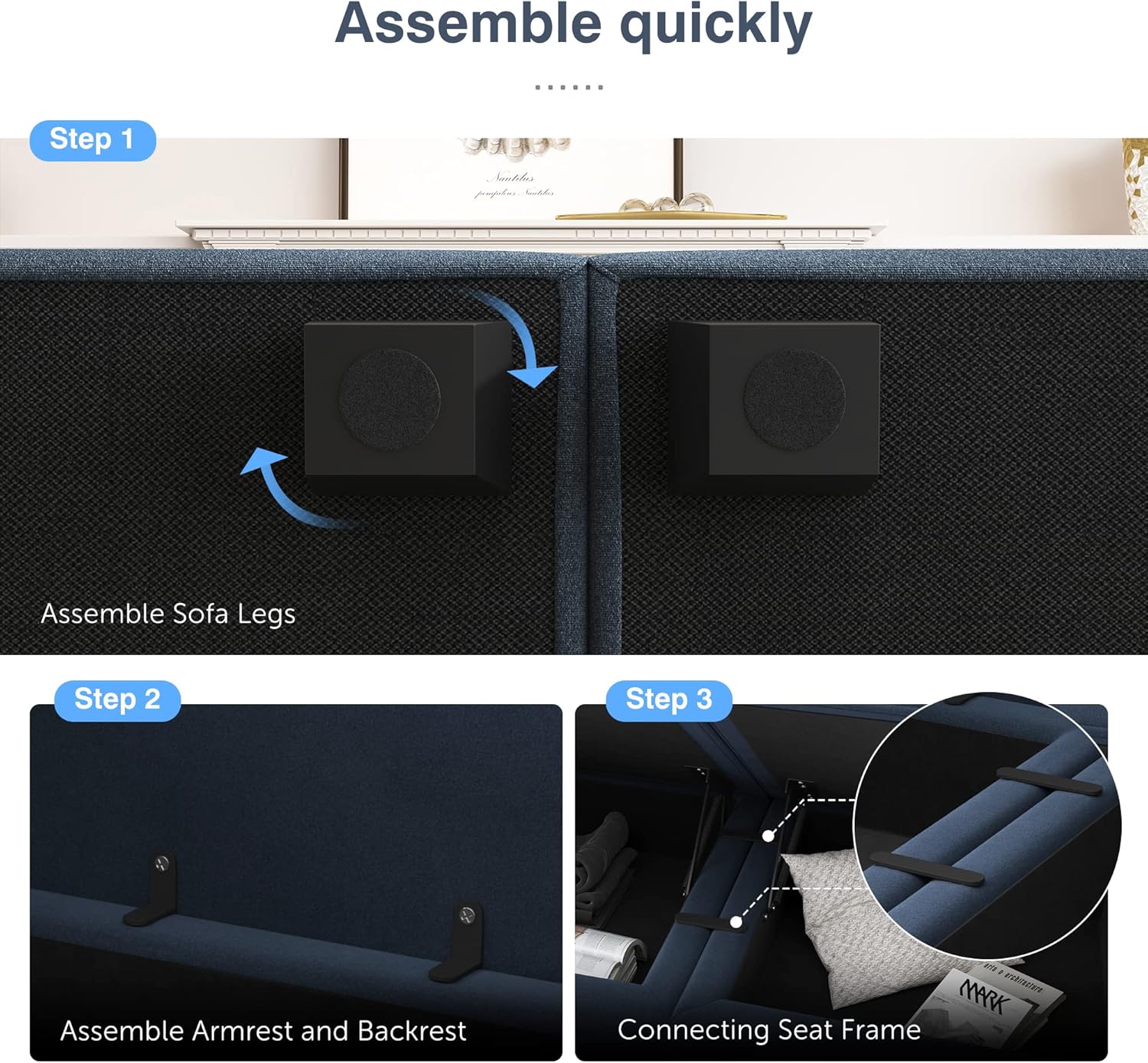 HONBAY Módulo otomano para sofá modular seccional, banco otomano cuadrado otomano de almacenamiento para sala de estar, terciopelo azul oscuro